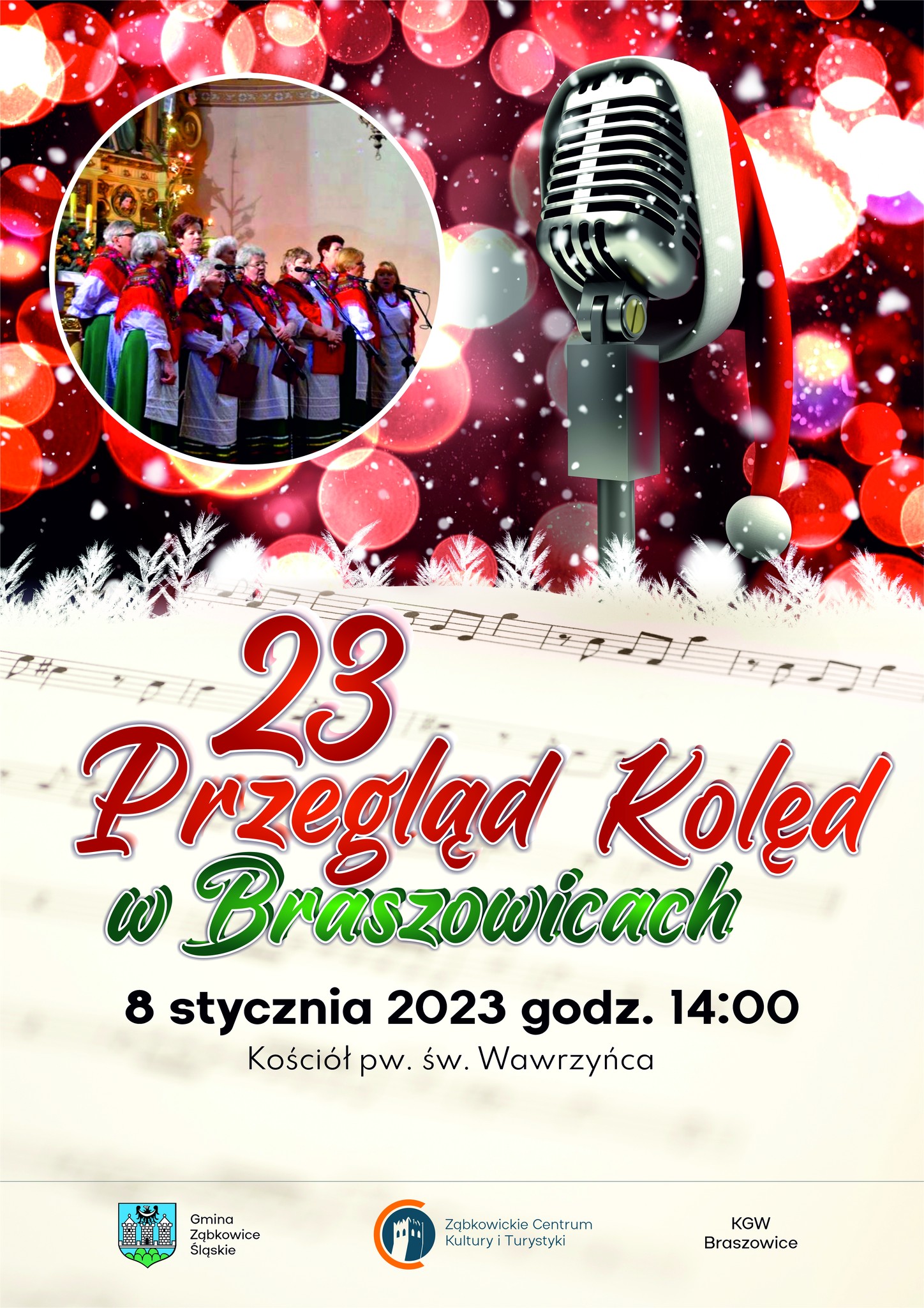 Plakat informacyjny o 23 Przeglądzie Kolęd w Braszowicach 8 stycznia 2023 o godzinie 14:00 w Kościele pw. św. Wawrzyńca.