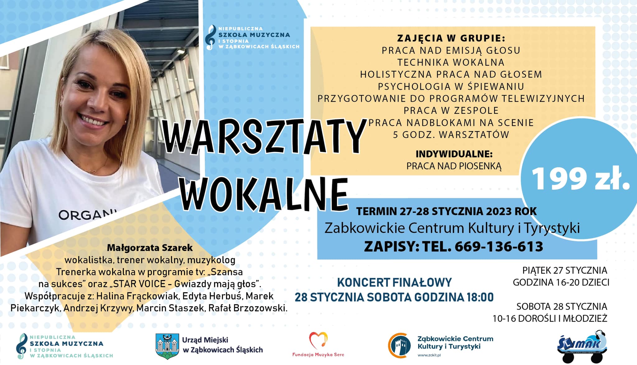 Plakat informujący o Warsztatach Wokalnych z Małgorzatą Szarek 27 i 28 stycznia 2023 w Ząbkowickim Centrum Kultury i Turystyki