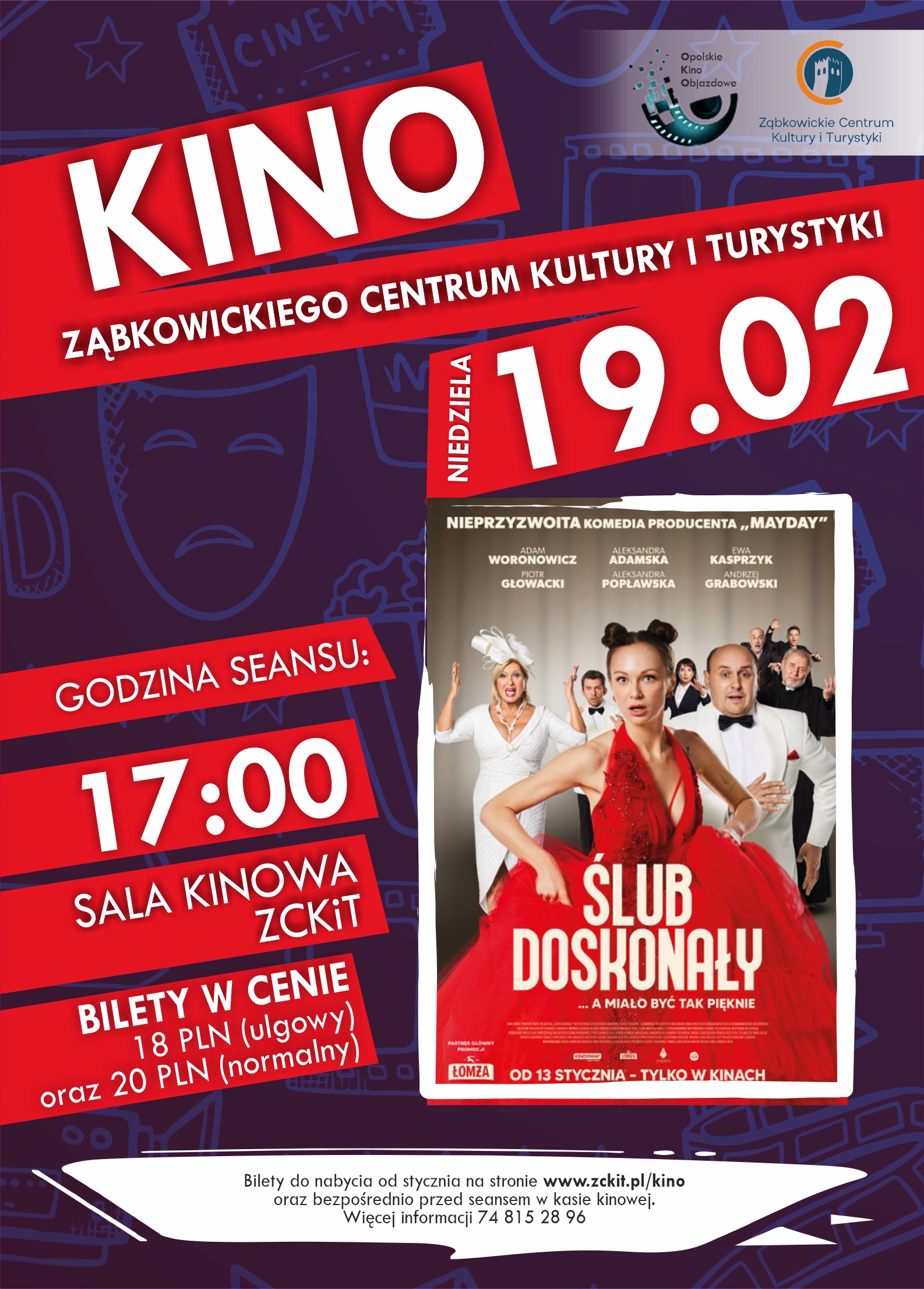 Plakat informujący o seansie filmu "Ślub Doskonały" 19 lutego 2023 o godzinie 17:00 w ZCKiT.
