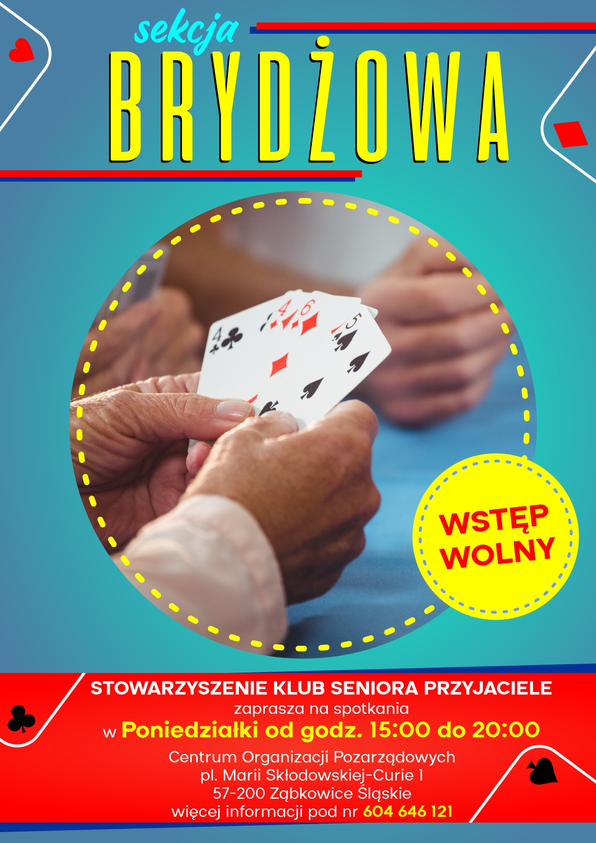 Plakat informujący o sekcji Brydżowej w poniedziałki od godziny 15:00 w COP w Ząbkowicach Śląskich.