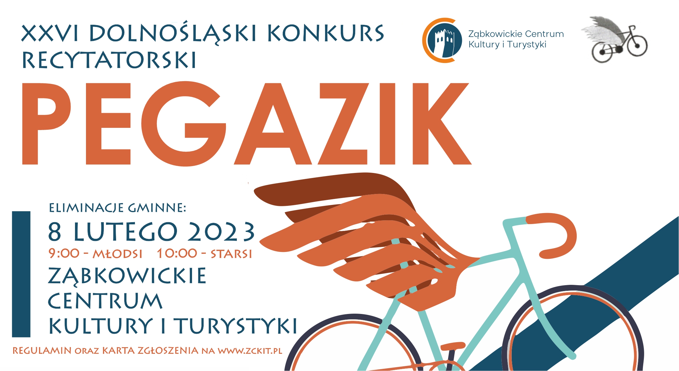 Plakat o XXVI Dolnośląskim Konkursie Recytatorskim "Pegazik" 8 lutego 2023 o godzinie 9:00 w Ząbkowickim Centrum Kultury i Turystyki.