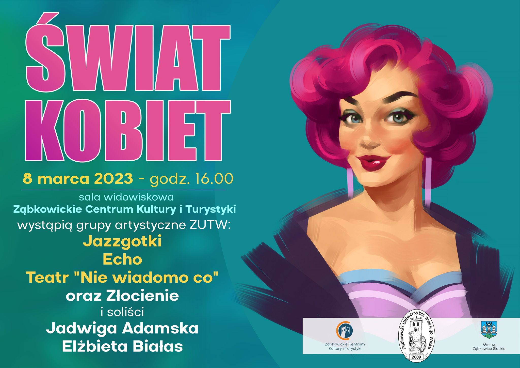 Plakat informujący o wydarzeniu "Świat Kobiet" 8 marca 2023 o godzinie 16:00 w Ząbkowickim Centrum Kultury i Turystyki.