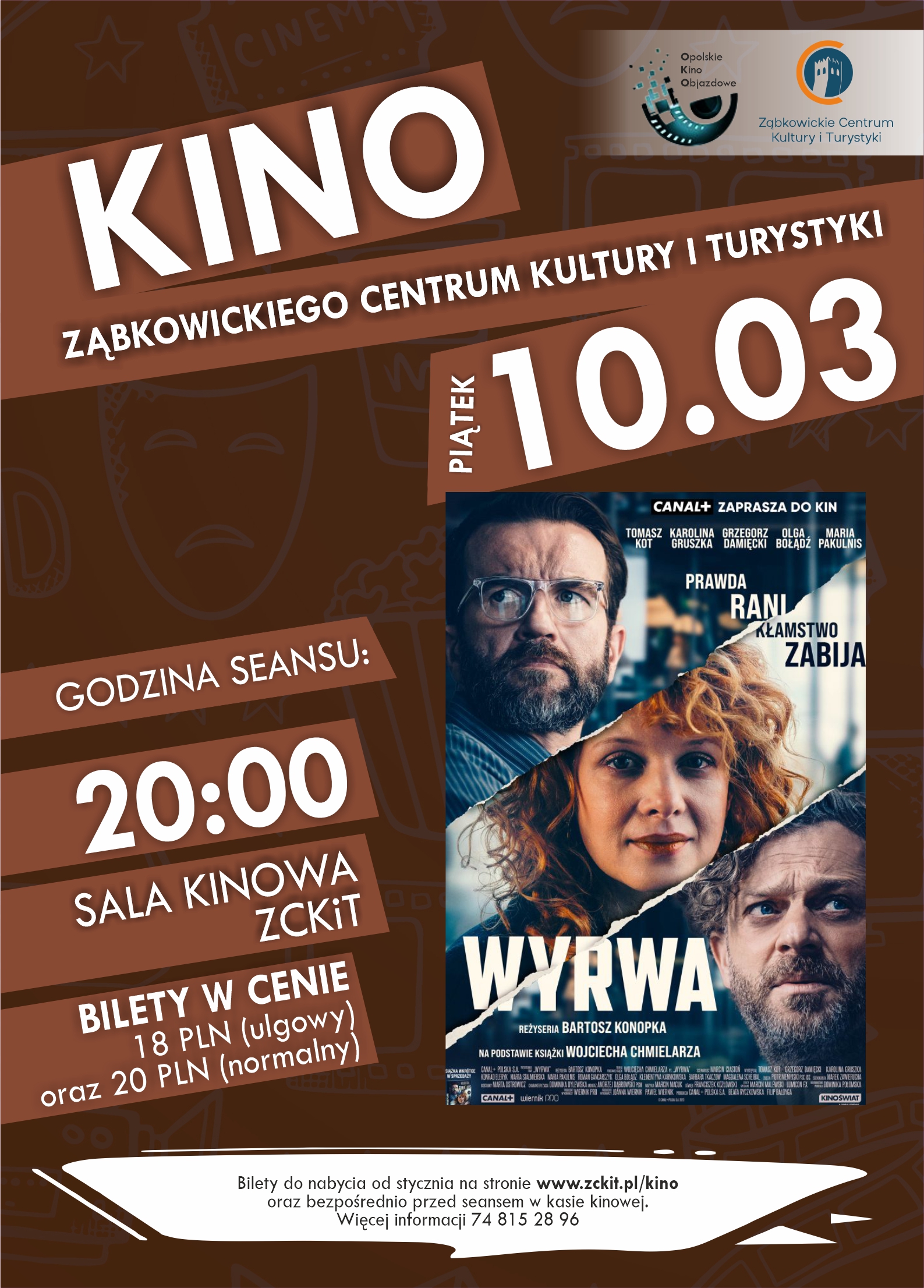 Plakat informujący o seansie filmu "Wyrwa" 10 marca 2023 o godz. 20:00 w sali kinowej Ząbkowickiego Centrum Kultury i Turystyki.