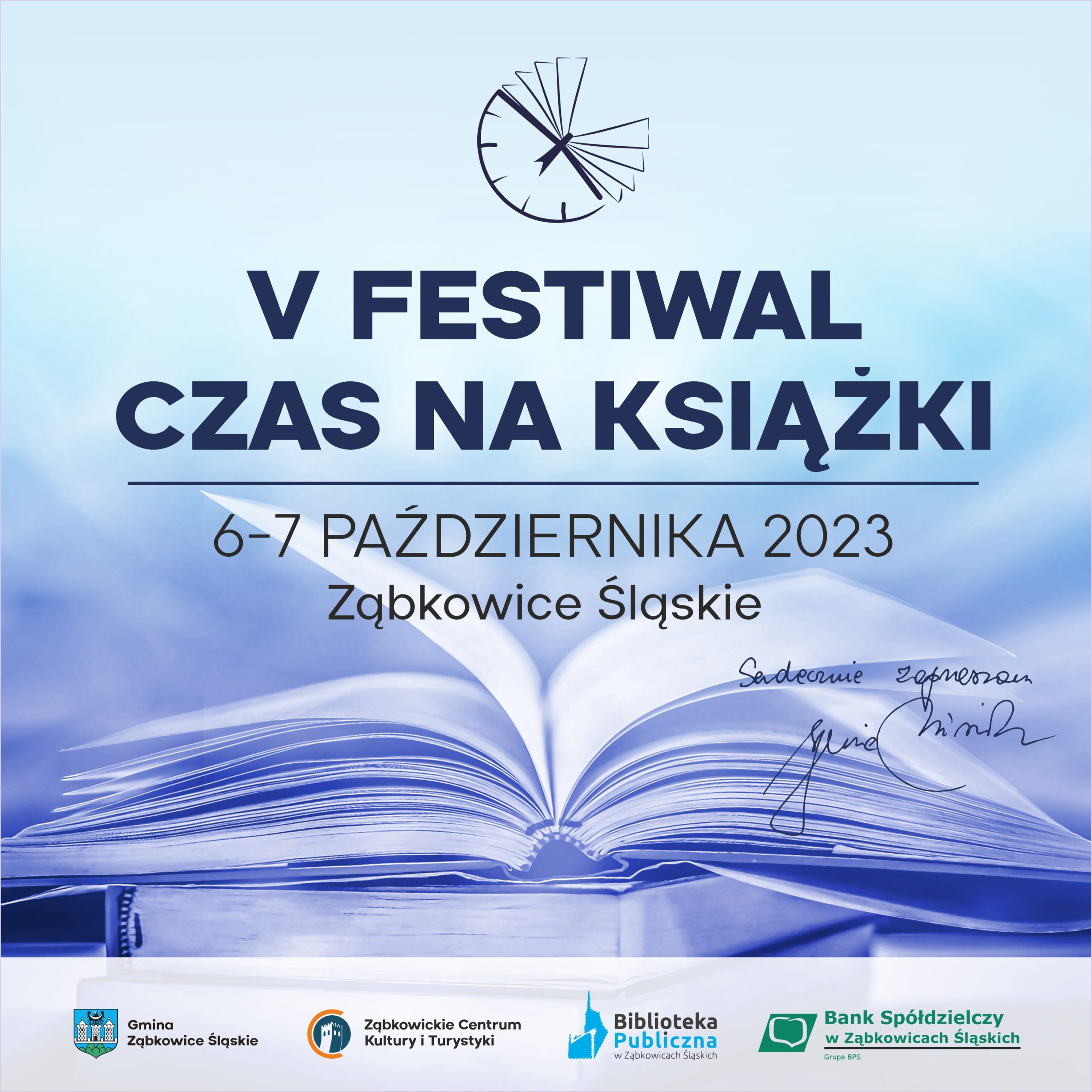 Plakat V Festiwal Czas na Książki 6 i 7 października 2023 w Ząbkowicach Śląskich.