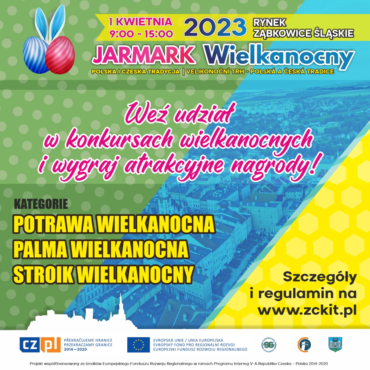 Plakat informujący o Jarmarku Wielkanocnym 1 kwietnia od 9:00 do 15:00 na rynku w Ząbkowicach Śląskich.