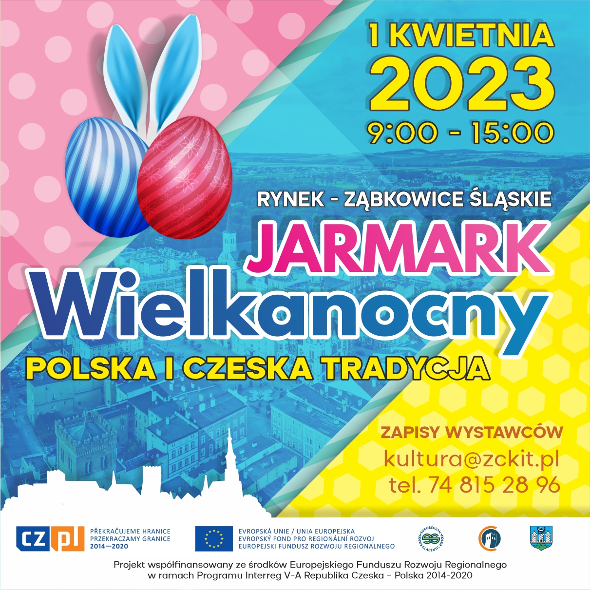 Plakat informujący o Jarmarku Wielkanocnym w Ząbkowicach Śląskich 1 kwietnia 2023 od godziny 9:00 do 15:00.