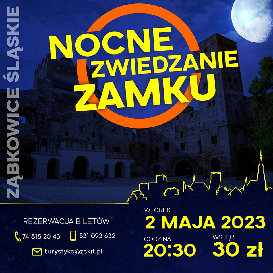 Plakat informacyjny o Nocnym Zwiedzaniu zamku w Ząbkowicach Śląskich 2 maja.