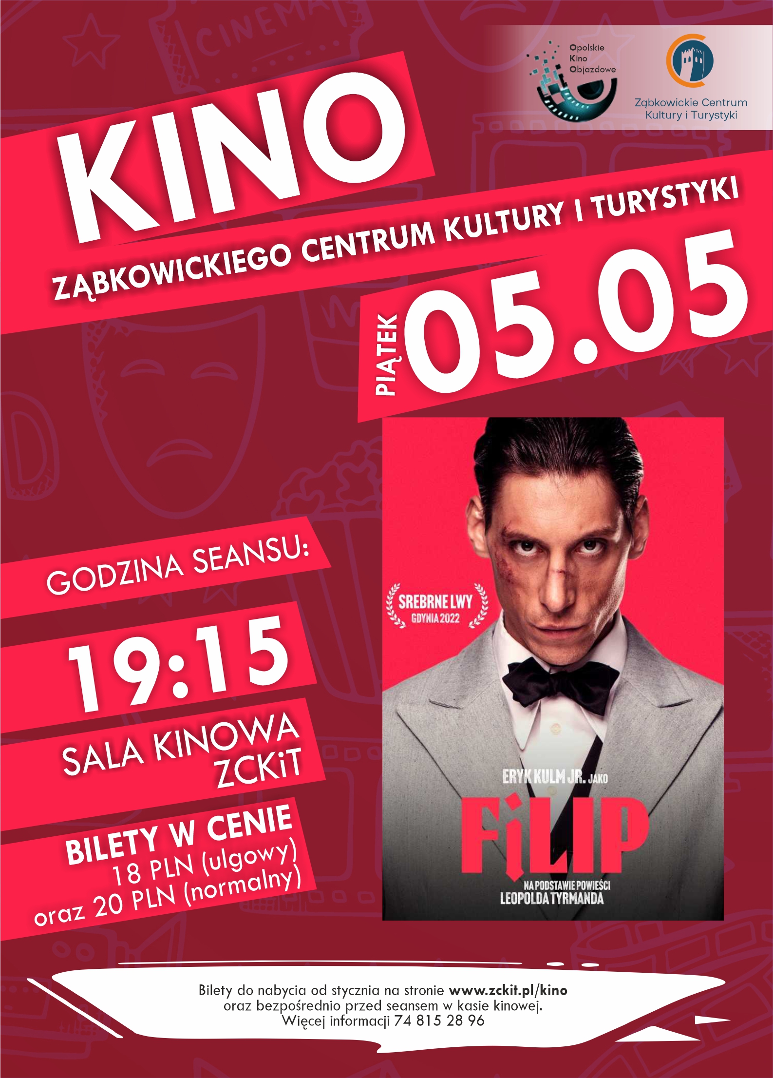 Plakat seansu filmowego "Filip" 05.05.2023 o godzinie 19:15 w sali kinowej Ząbkowickiego Centrum Kultury i Turystyki.