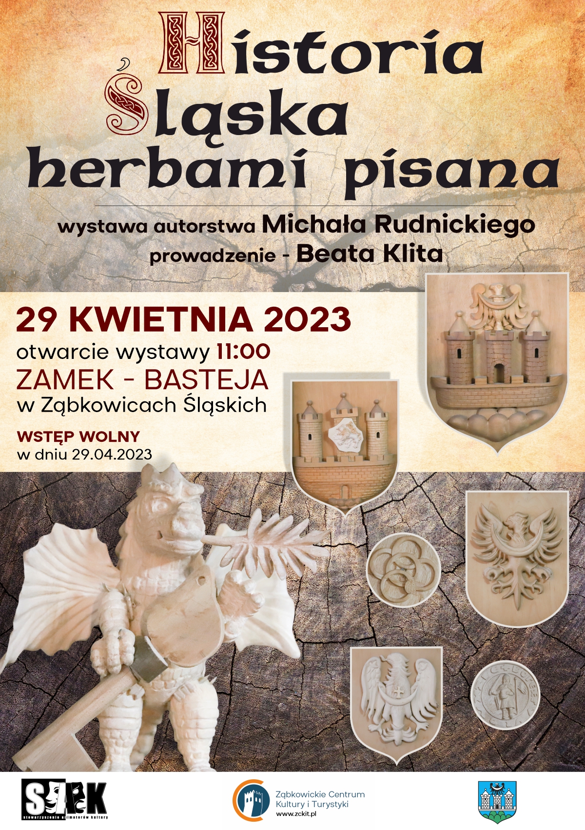 Plakat informacyjny "Historia Śląska herbami pisana" 29 kwietnia 2023 o godzinie 11:00 na Zamku w Ząbkowicach Śląskich.