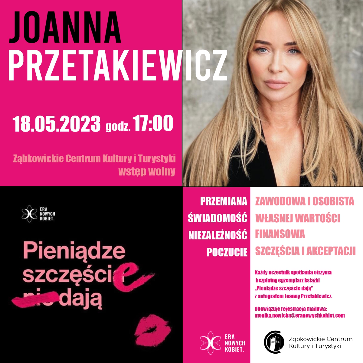 Plakat informacyjny o spotkaniu z Joanną Przetakiewicz 18.05.2023 o godzinie 17:00 w Ząbkowickim Centrum Kultury i Turystyki.