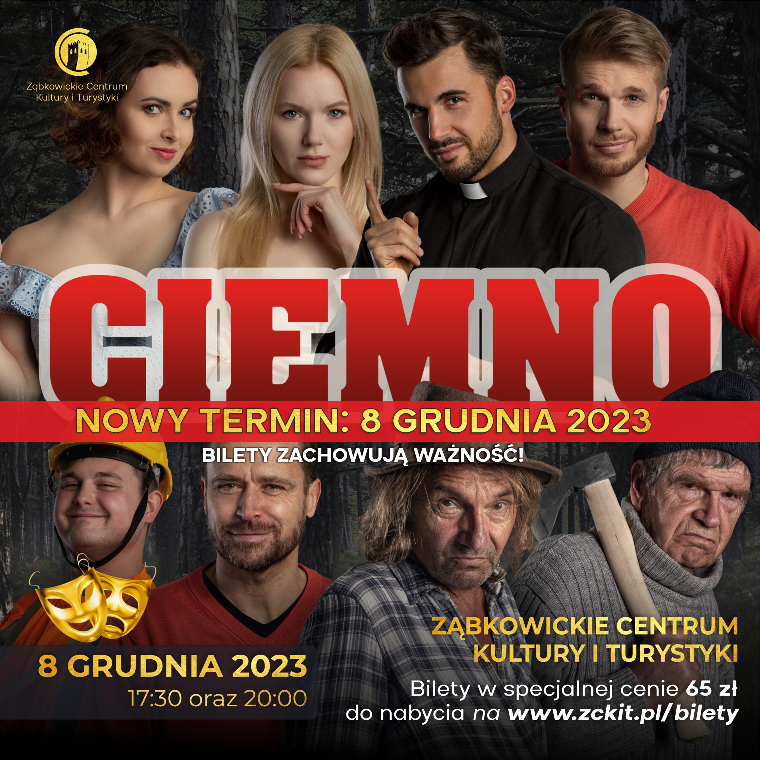 Plakat informujący o spektaklu "Ciemno" 8 grudnia 2023 o 17:30 oraz 20:00 w Ząbkowickim Centrum Kultury i Turystyki.