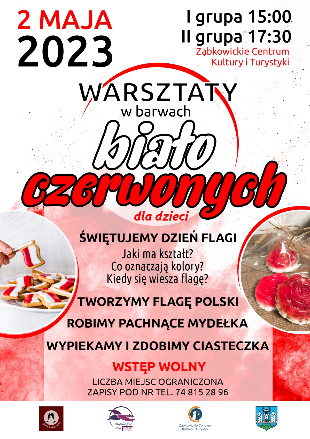 Plakat informujący o warsztatach "W barwach biało czerwonych" dla dzieci 2 maja 2023 od godziny 15:00 w Ząbkowickim Centrum Kultury i Turystyki.