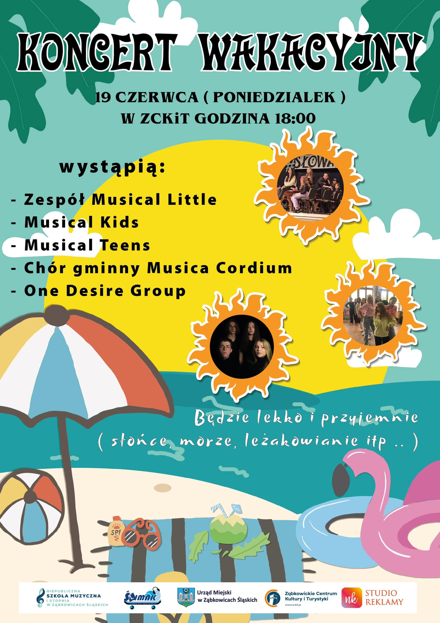 Plakat informacyjny o koncercie wakacyjnym 19 czerwca 2023 o godzinie 18:00 w Ząbkowickim Centrum Kultury i Turystyki.