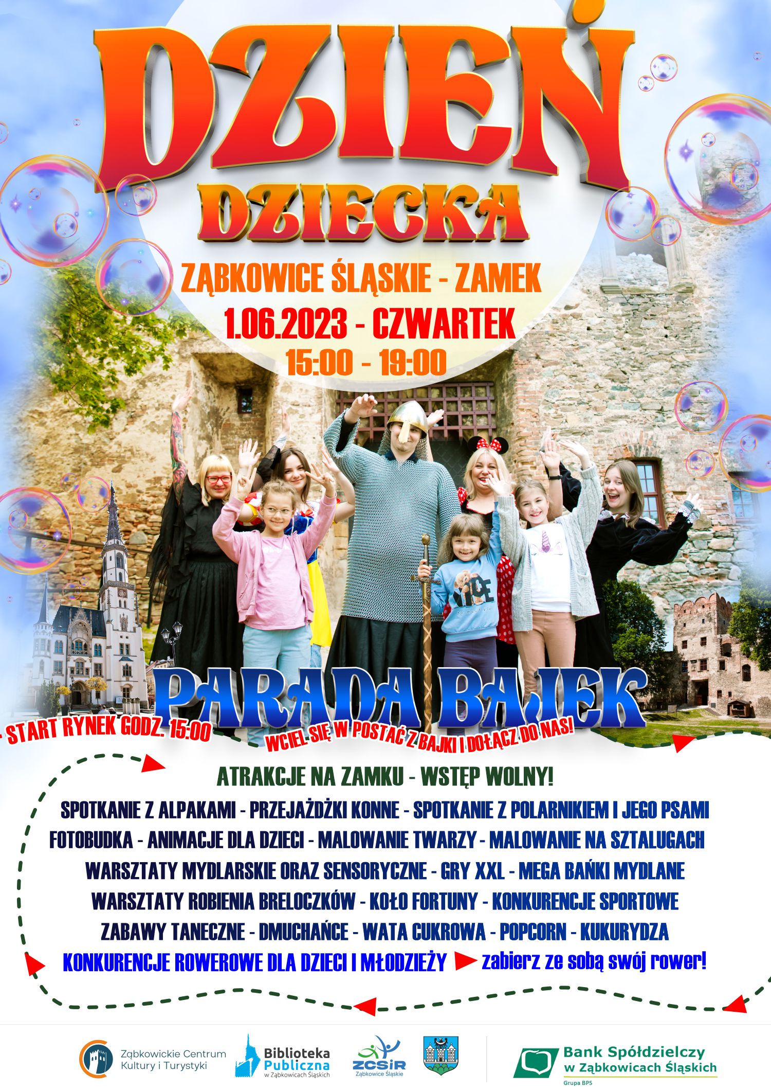 Plakat informujący o atrakcjach na Zamku w Ząbkowicach Śląskich z okazji Dnia Dziecka 1 czerwca 2023 od godziny 15:00.