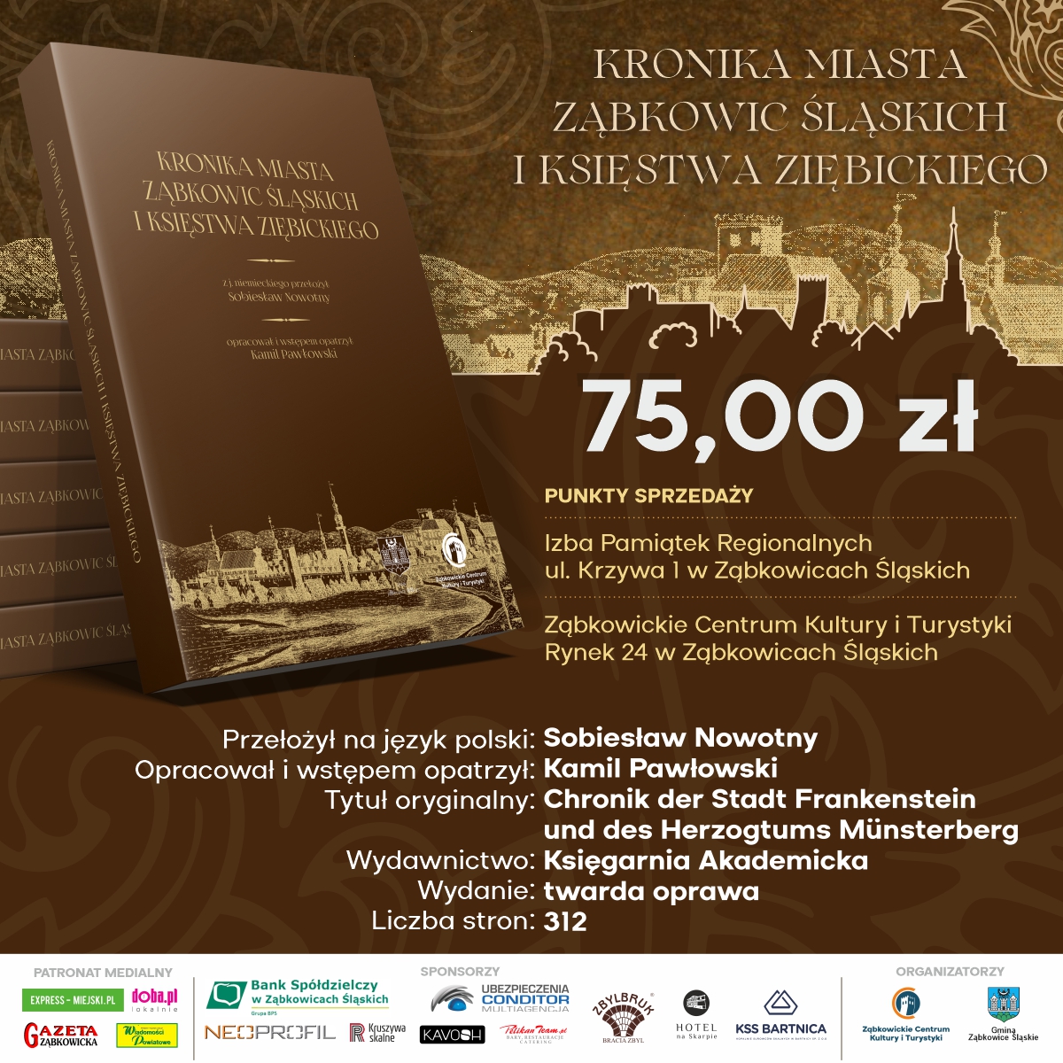 Plakat informujący o sprzedaży Kroniki Miasta Ząbkowic Śląskich i Księstwa Ziębickiego