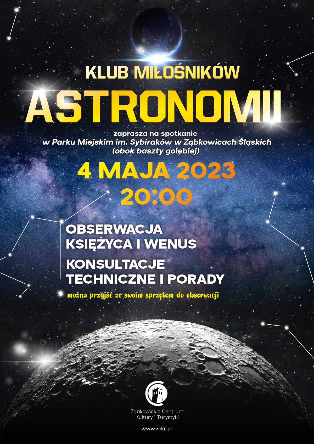Plakat informujący o spotkaniu Klubu Miłośników Astronomii 4 maja 2023 o godzinie 20:00 w Parku Miejskim im. Sybiraków w Ząbkowicach Śląskich