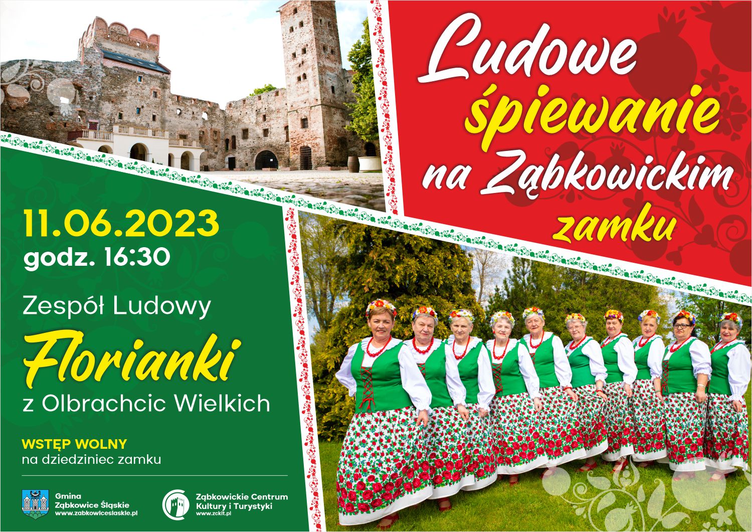 Plakat informacyjny o Ludowym śpiewaniu na Ząbkowickim zamku 11.06.2023 o godzinie 16:30