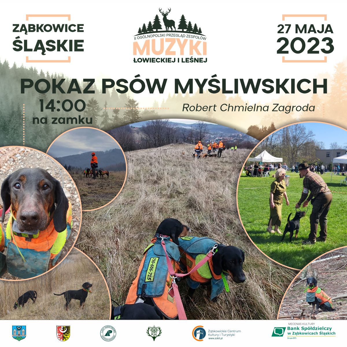Plakat informujący i pokazie psów myśliwskich 27 maja o godz. 14:00 w Ząbkowicach Śląskich