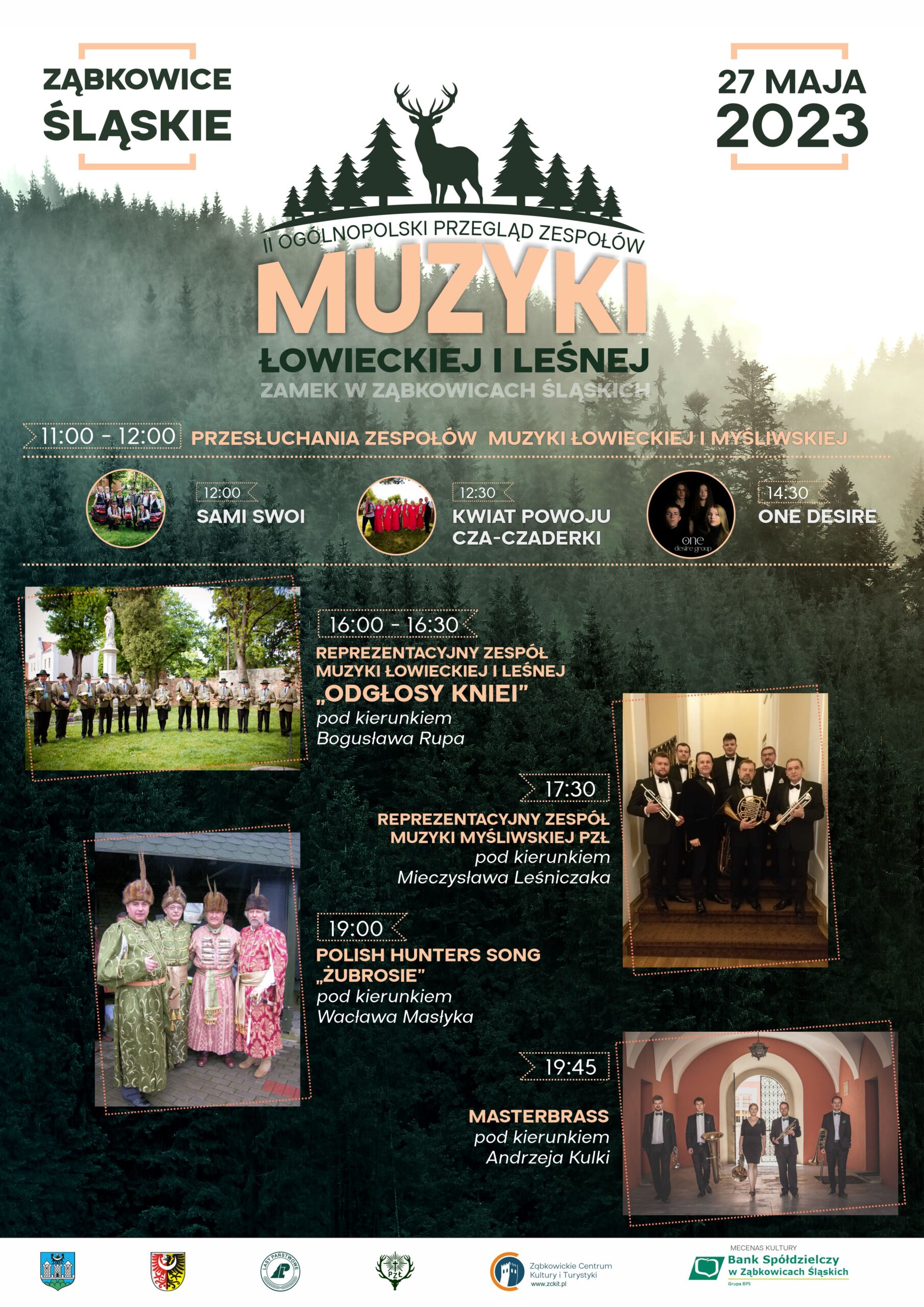 Plakat informujący o II Ogólnopolskim Przeglądzie Zespołów Muzyki Łowieckiej i Leśnej 27 maja 2023 w Ząbkowicach Śląskich.