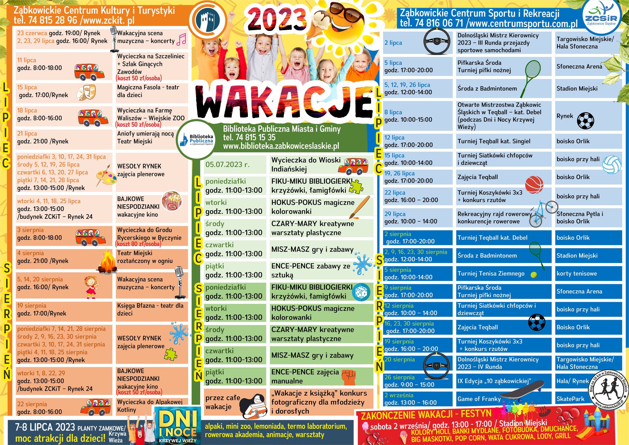 Plakat z harmonogramem wydarzeń i atrakcji dla dzieci w czasie wakacji 2023r, które były organizowane przez Ząbkowickie Centrum Kultury i Turystyki
