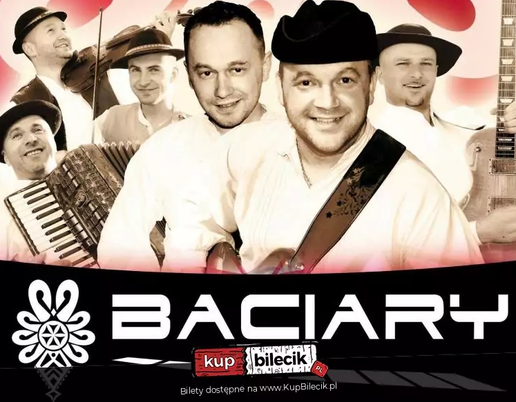 Plakat informacyjny o występie zespołu Baciary 14 października 2023 o godzinie 17:00 w Ząbkowickim Centrum Kultury i Turystyki. Na plakacie znajduje się zdjęcie zespołu oraz czerwone wzorzyste tło.