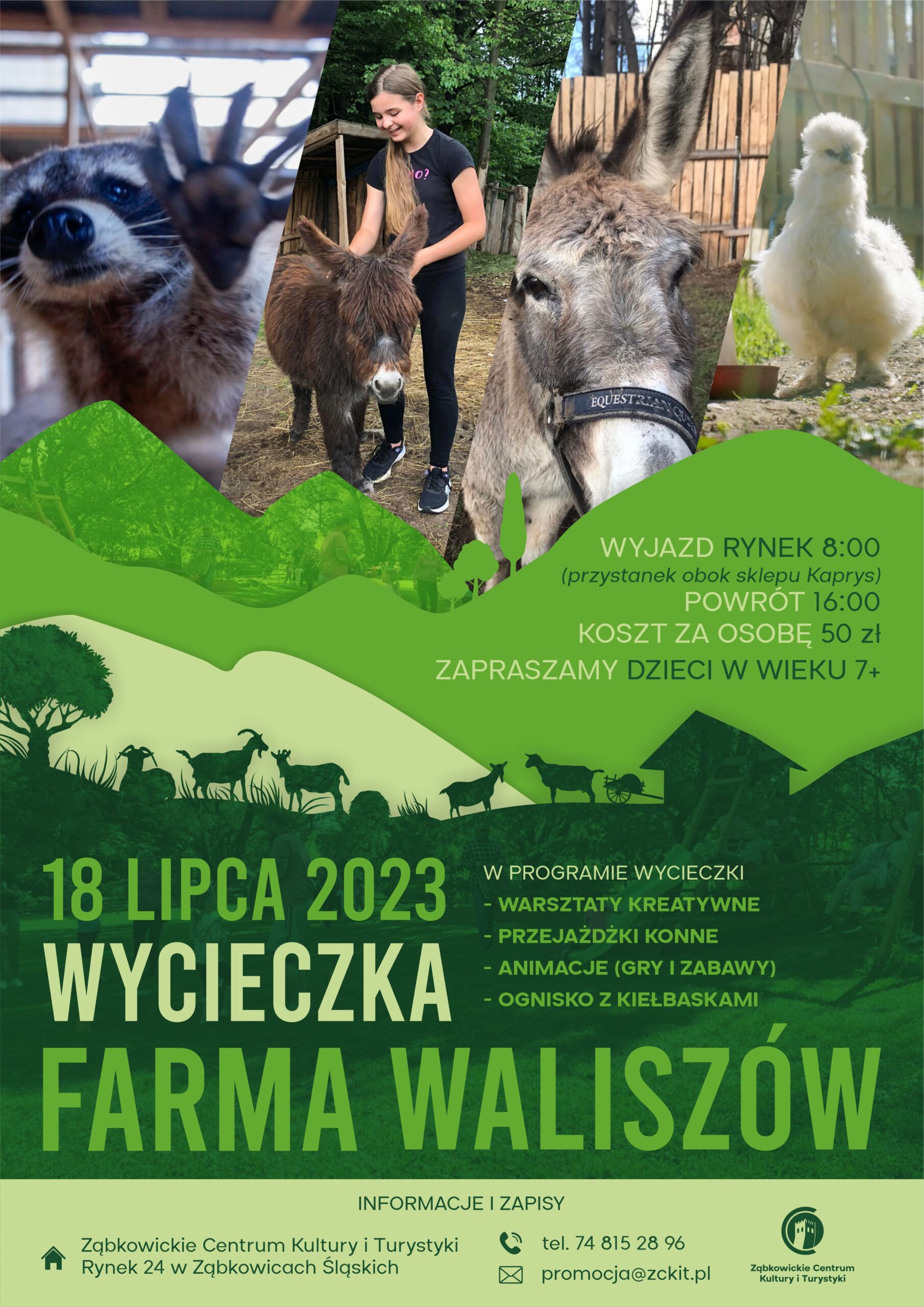 Plakat informujący o wycieczce na farmę waliszów, która odbyła się 18 lipca 2023r. dla dzieci 7+