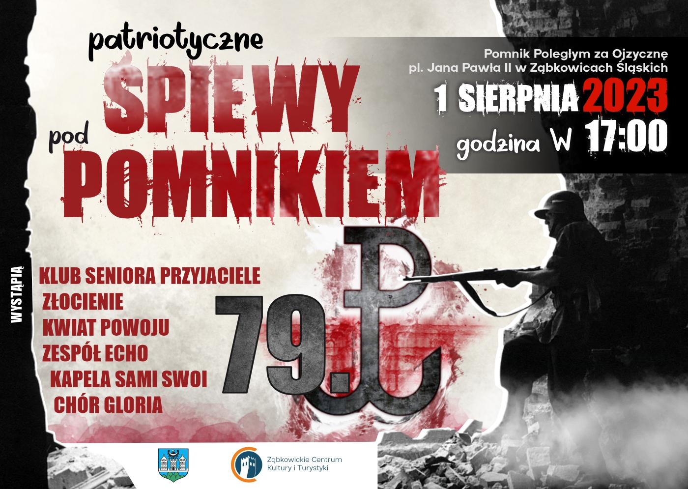 Plakat informujący o wydarzeniu "Patriotyczne śpiewy pod pomnikiem" 1 sierpnia 2023 o godzinie 17:00 pod Pomnikiem Poległym za Ojczyznę w Ząbkowicach Śląskich.