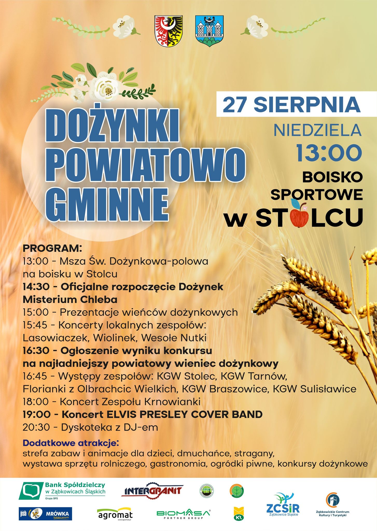 Plakat informujący o przebiegu Dożynek Powiatowo-Gminnych w Stolcu 27 sierpnia 2023 o godzinie 13:00.