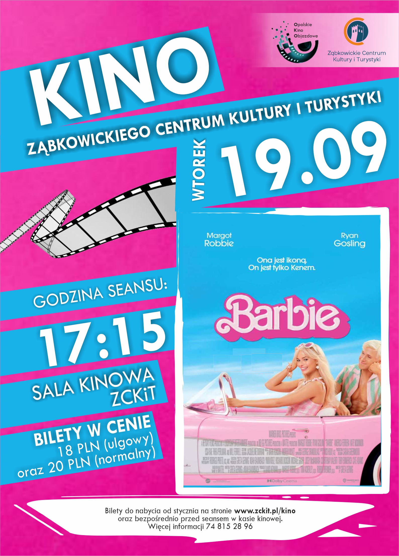 Plakat seansu filmowego "Barbie" w kinie Ząbkowickiego Centrum Kultury i Turystyki 19 września 2023 o godzinie 17:15.