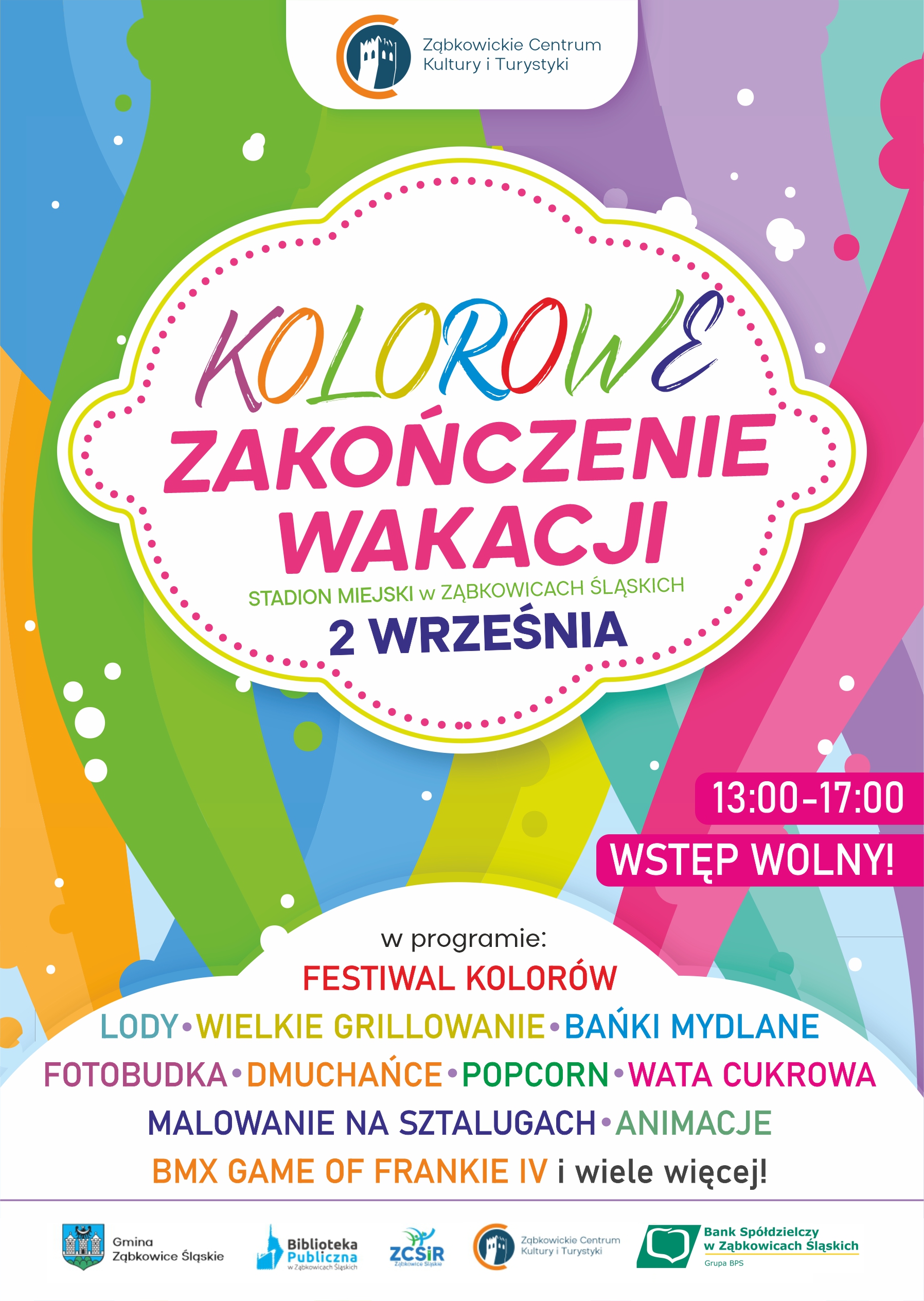 Plakat informacyjny "Kolorowe zakończenie wakacji" 2 września 2023 na stadionie miejskim w Ząbkowicach Śląskich.