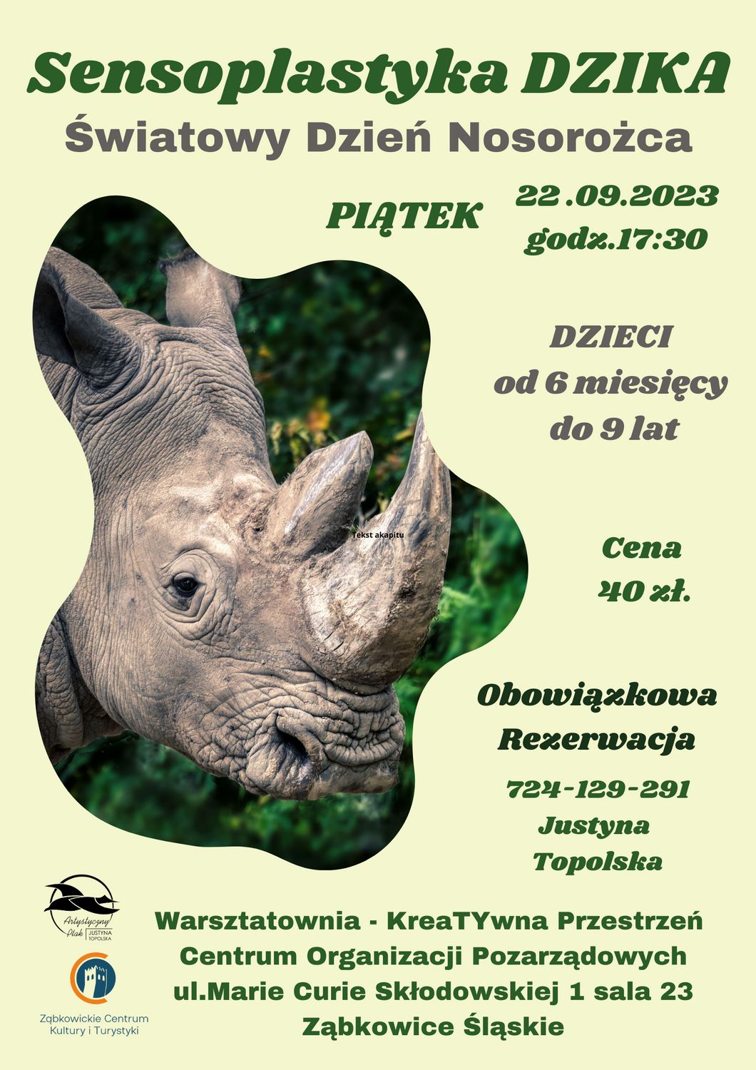 Plakat informacyjny o światowym Dniu Nosorożca organizowanym w centrum Organizacji Pozarządowych 22 września 2023 o godzinie 17:00. Na plakacie widnieje zdjęcie nosorożca.