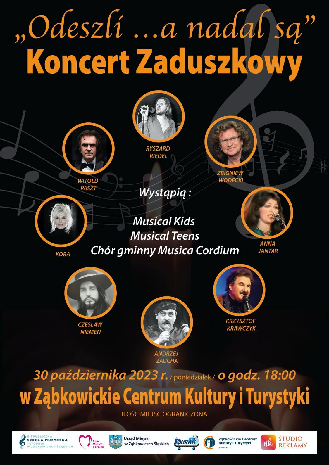 Plakat informacyjny o koncercie zaduszkowym "Odeszli... a nadal są" 30 października 2023 o godzinie 18:00 w Ząbkowickim Centrum Kultury i Turystyki. Na plakacie znajdują się zdjęcia artystów, którzy występują.