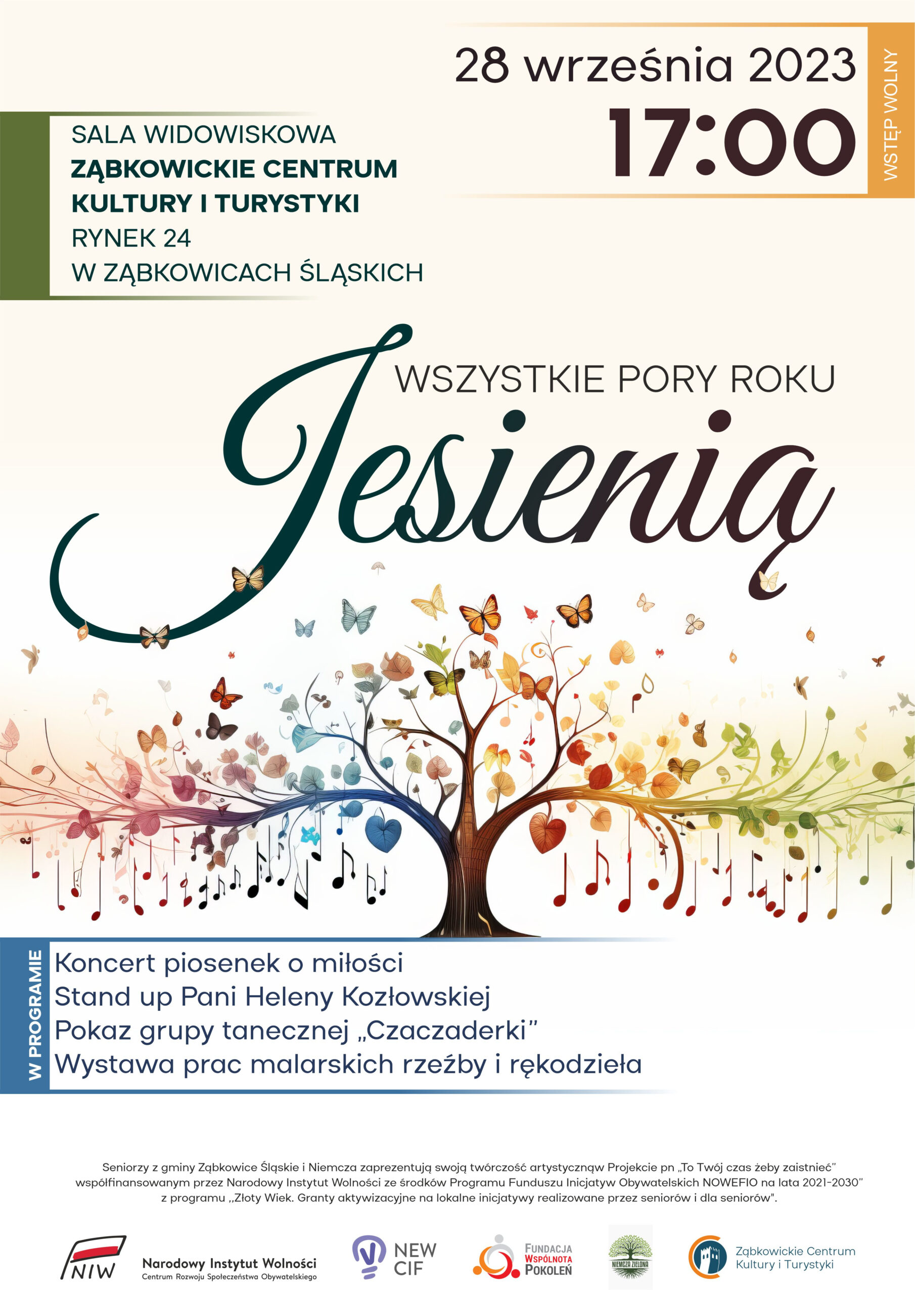 Plakat informacyjny o wydarzeniu "Wszystkie pory roku Jesienią" 28 września 2023 o godzinie 17:00 w Ząbkowickim Centrum Kultury i Turystyki. Na plakacie znajduje się rysunek drzewa z kolorowymi gałęziami, motylami i nutami.