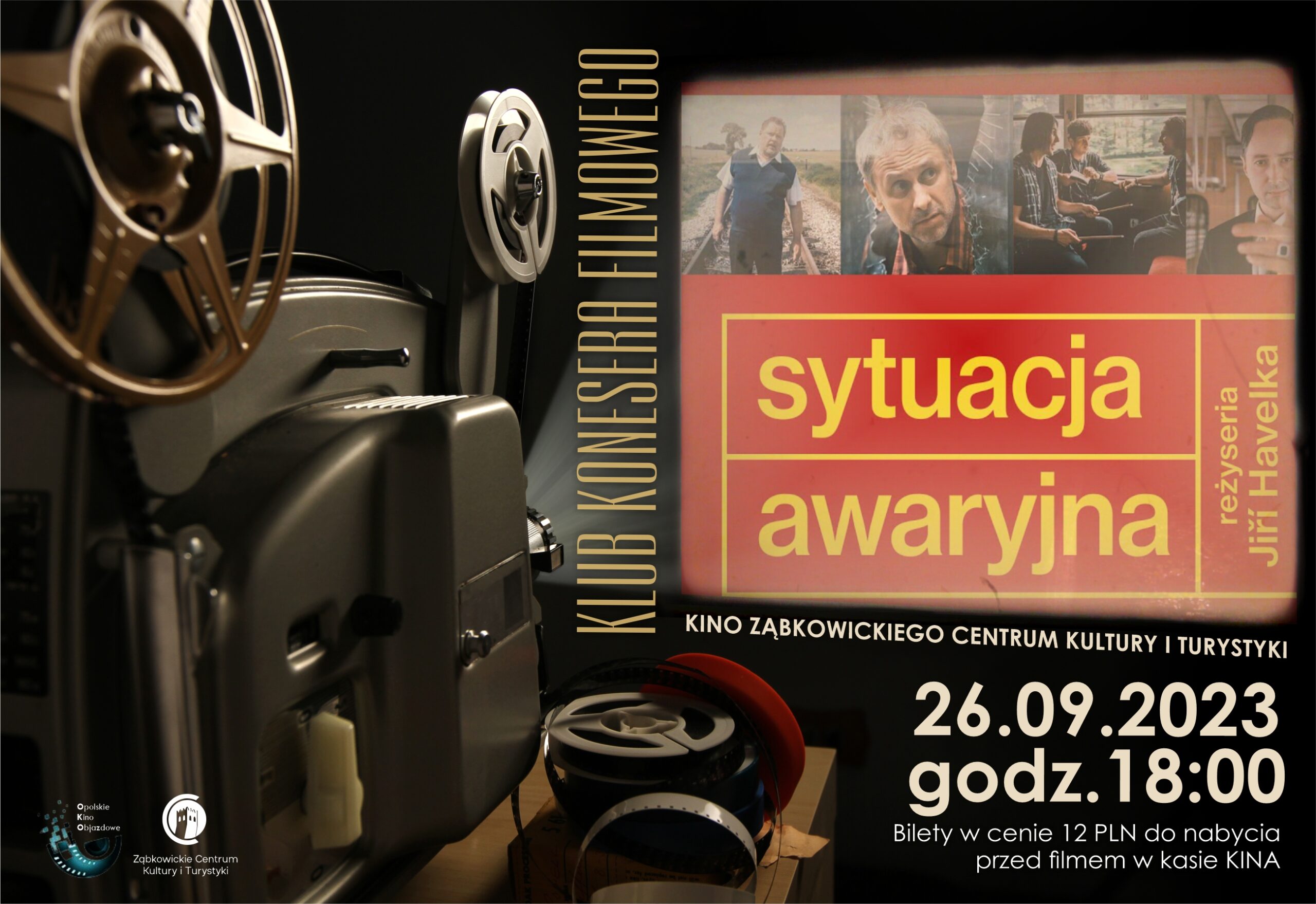 Plakat informujący o seansie filmu "Sytuacja awaryjna" 26 września 2023 o godzinie 18:00 w kinie Ząbkowickiego Centrum Kultury i Turystyki