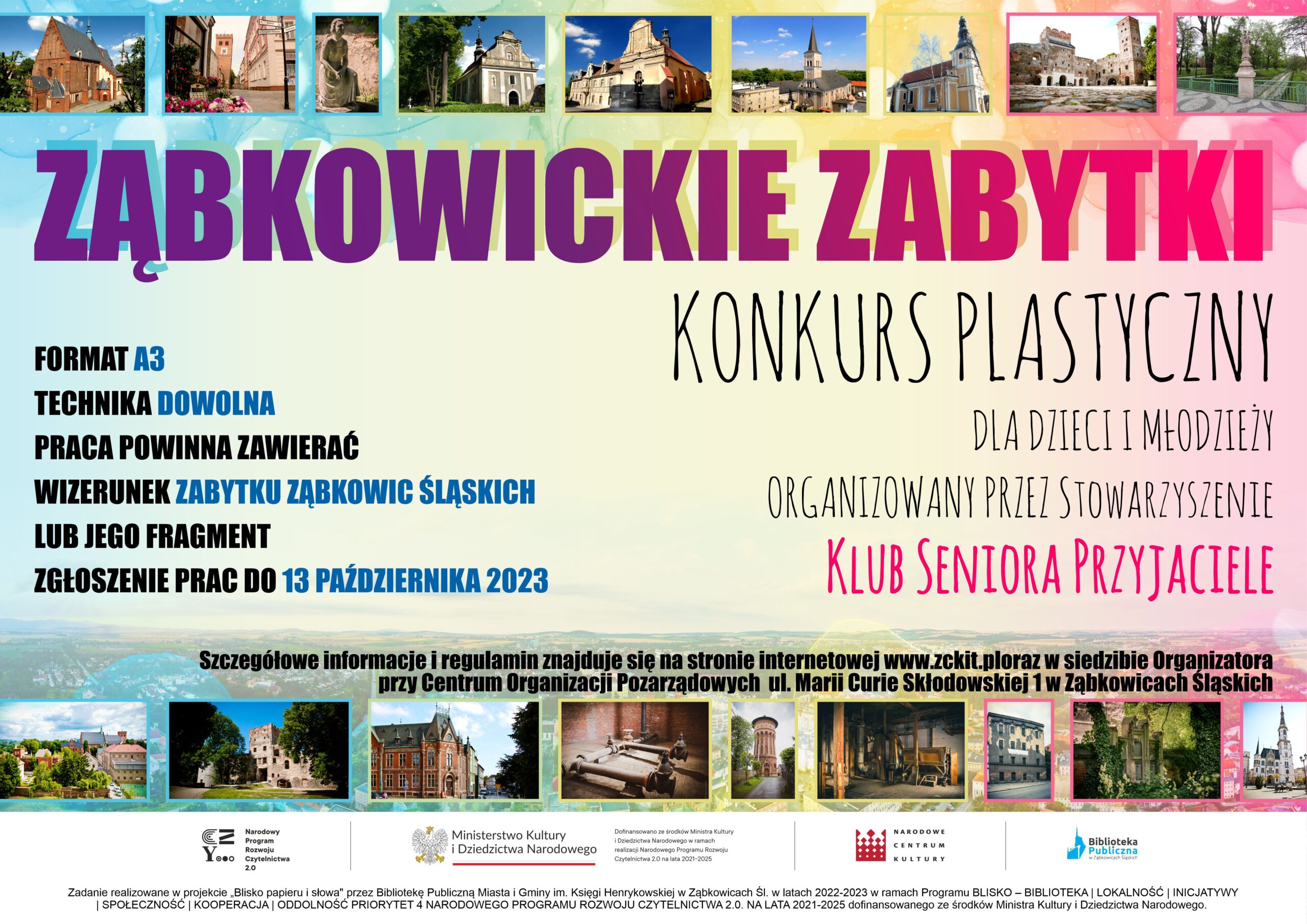 Plakat informujący o konkursie plastycznym "Ząbkowickie zabytki" organizowanym przez Klub Seniora Przyjaciele. Na plakacie znajdują się zdjęcia zabytków na terenie Ząbkowic Śląskich.