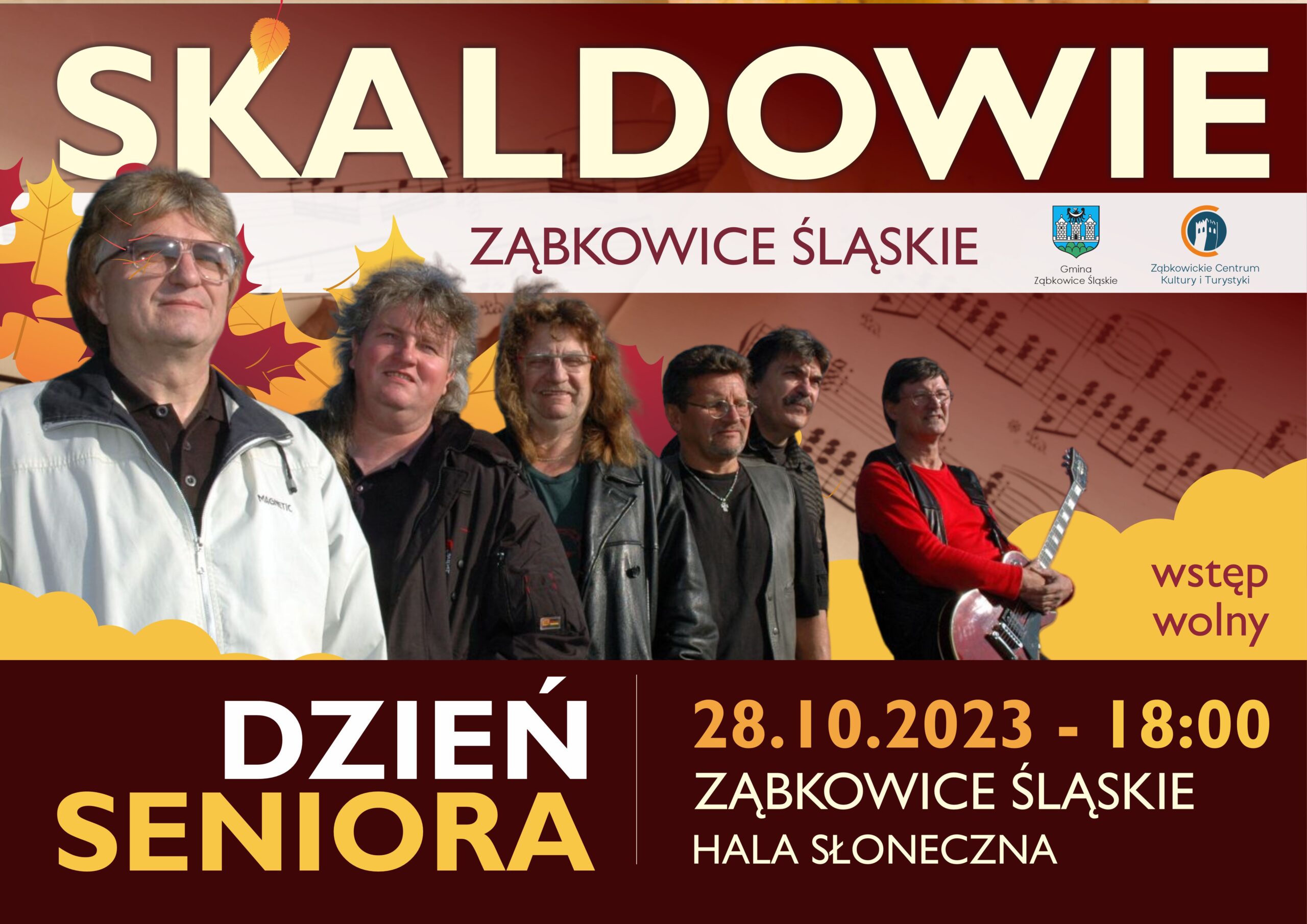 Plakat informacyjny o koncercie zespołu Skaldowie z okazji Dnia Seniora w Ząbkowicach Śląskich 28 października 2023 o godzinie 18:00. Na plakacie znajduje się zdjęcie zespołu.