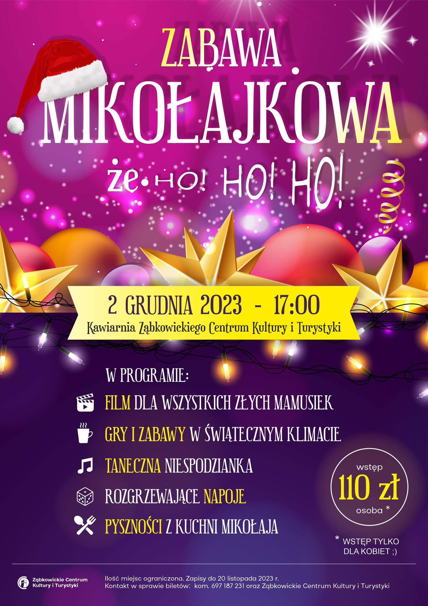 Plakat informujący o zabawie mikołajkowej 2 grudnia 2023 o godzinie 17:00 w kawiarni Ząbkowickiego Centrum Kultury i Turystyki. W tle znajdują się kolorowe bombki i gwiazdy oraz czapka św. Mikołaja.
