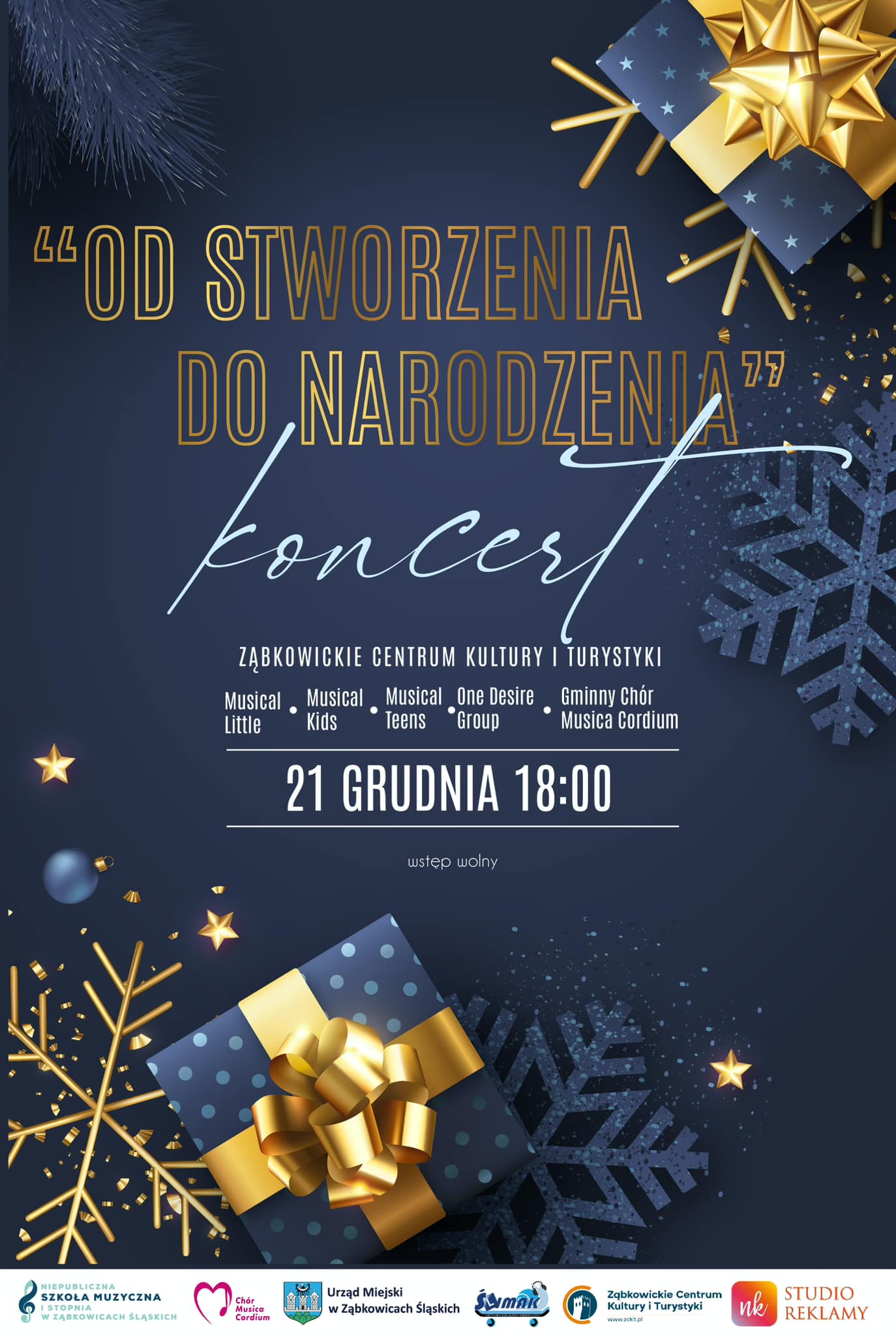 Plakat informujący o koncercie "Od stworzenia do narodzenia" w Ząbkowickim Centrum Kultury i Turystyki 21 grudnia o godzinie 18:00. Na tle znajdują się granatowo-złote prezenty oraz śnieżynki.