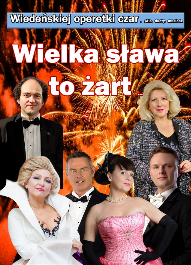 Plakat informujący o operetce "Wielka sława to żart" w Ząbkowickim Centrum Kultury i Turystyki 14 lutego 2024 o godzinie 17:00. Na plakacie znajdują się elegancko ubrani ludzie na tle pomarańczowych fajerwerków.