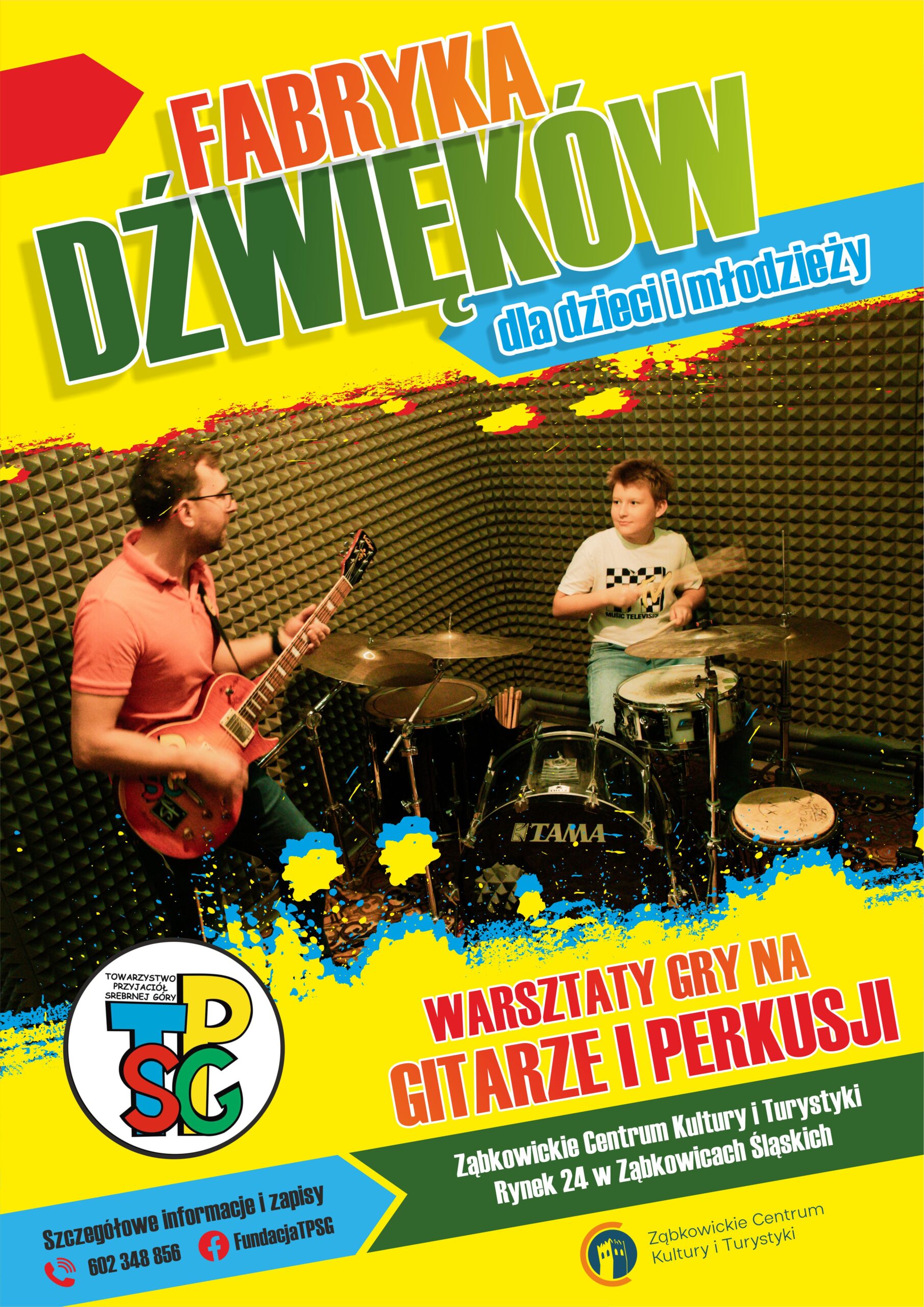 Plakat informujący o warsztatach gry na gitarze i perkusji 