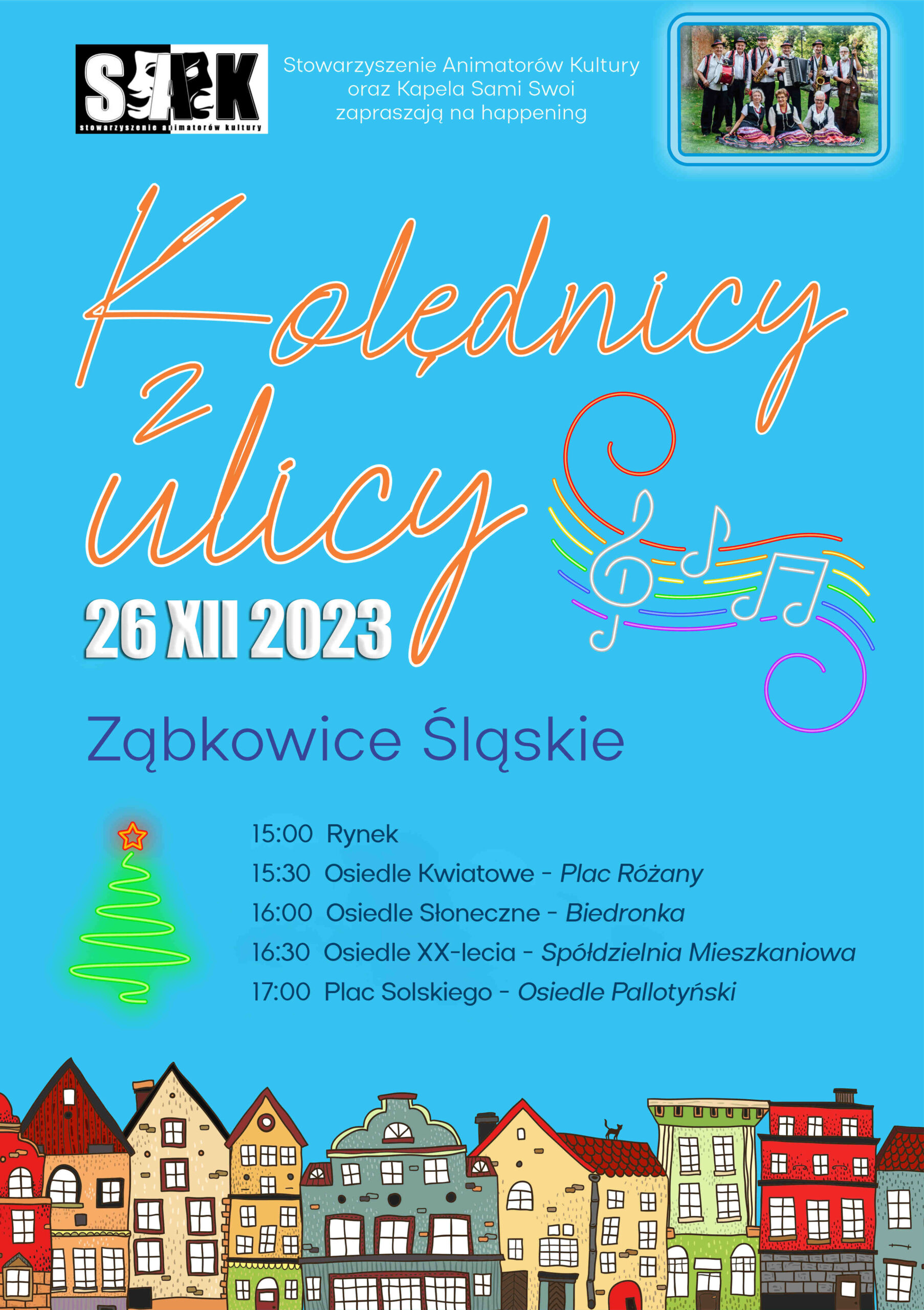 Plakat "Kolędnicy z ulicy" z rozpiską godzin i miejsc w Ząbkowicach Śląskich na niebieskim tle, na dole narysowane, kolorowe domki.