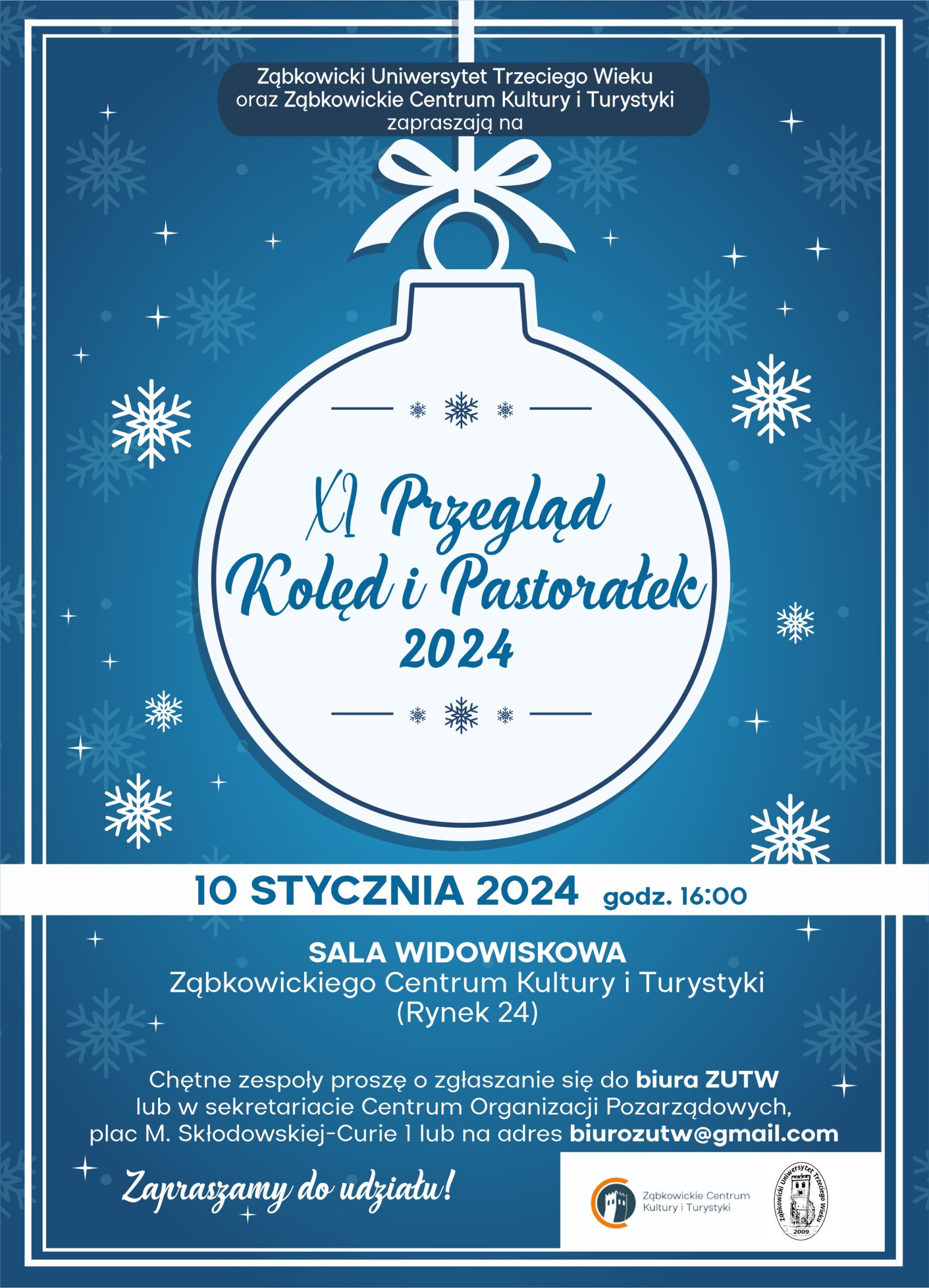 Plakat informacyjny o jedenastym przeglądzie kolęd i pastorałek 2024 w Ząbkowickim Centrum Kultury i Turystyki. Na plakacie znajduje się biała bombka choinkowa na niebieskim tle.