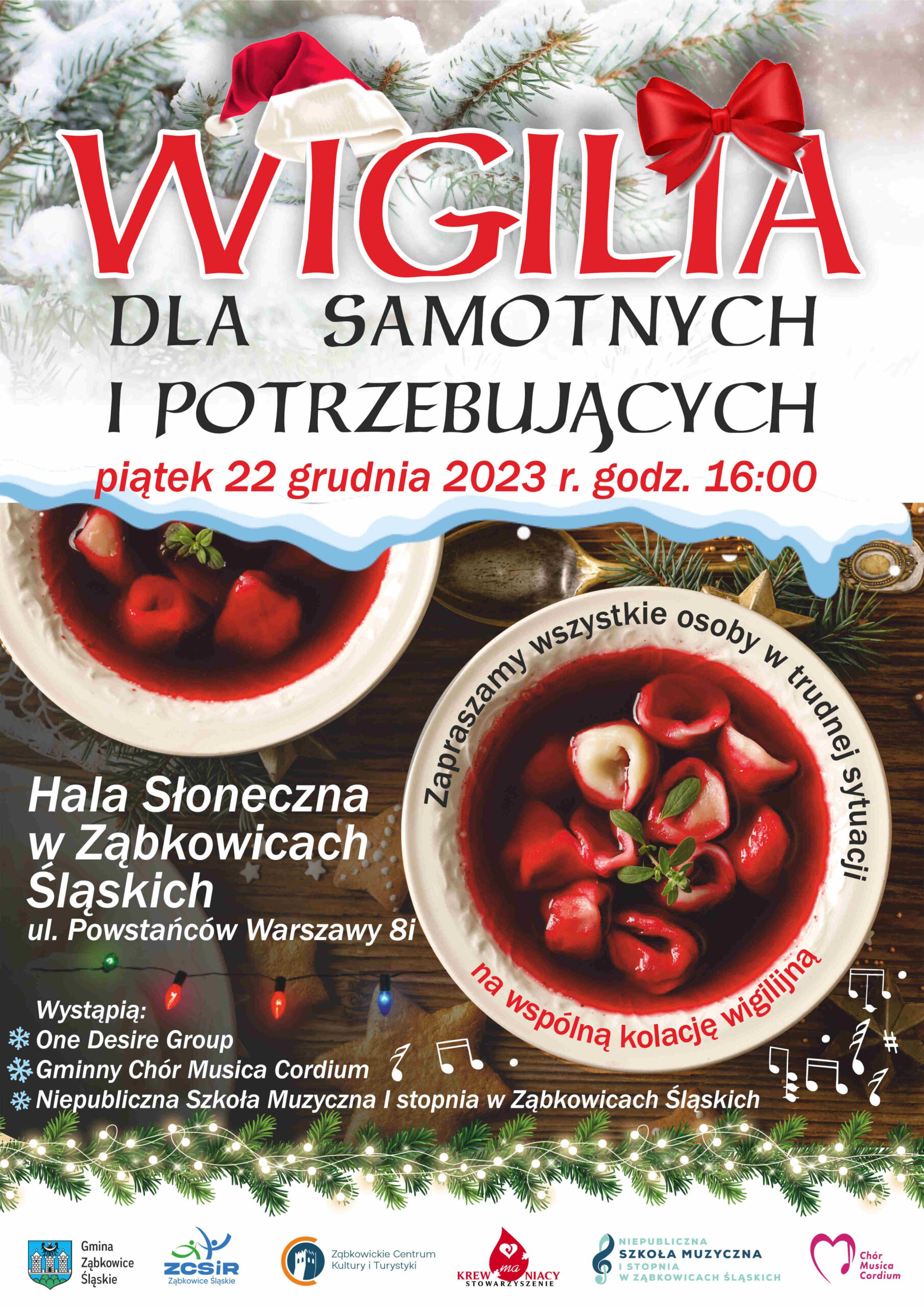 Plakat informacyjny o Wigilii dla samotnych i potrzebujących 22 grudnia 2023 roku o godzinie 16:00 w Ząbkowicach Śląskich. Na tle stół wigilijny z barszczem i uszkami na białych talerzach.
