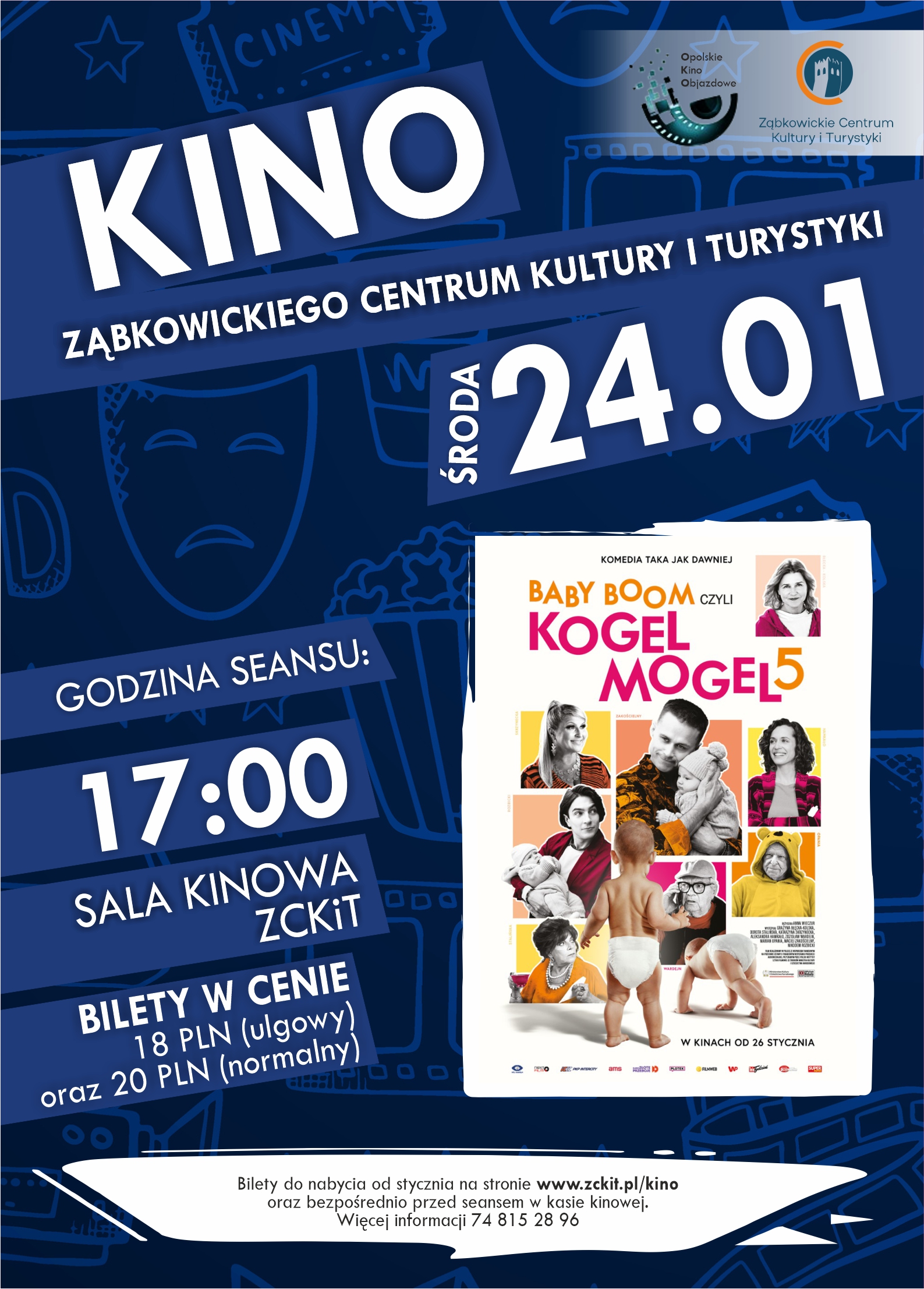 Plakat informujący o seansie filmu "Kogel Mogel 5" w kinie Ząbkowickiego Centrum Kultury i Turystyki 24 stycznia 2024 o godzinie 17:00.