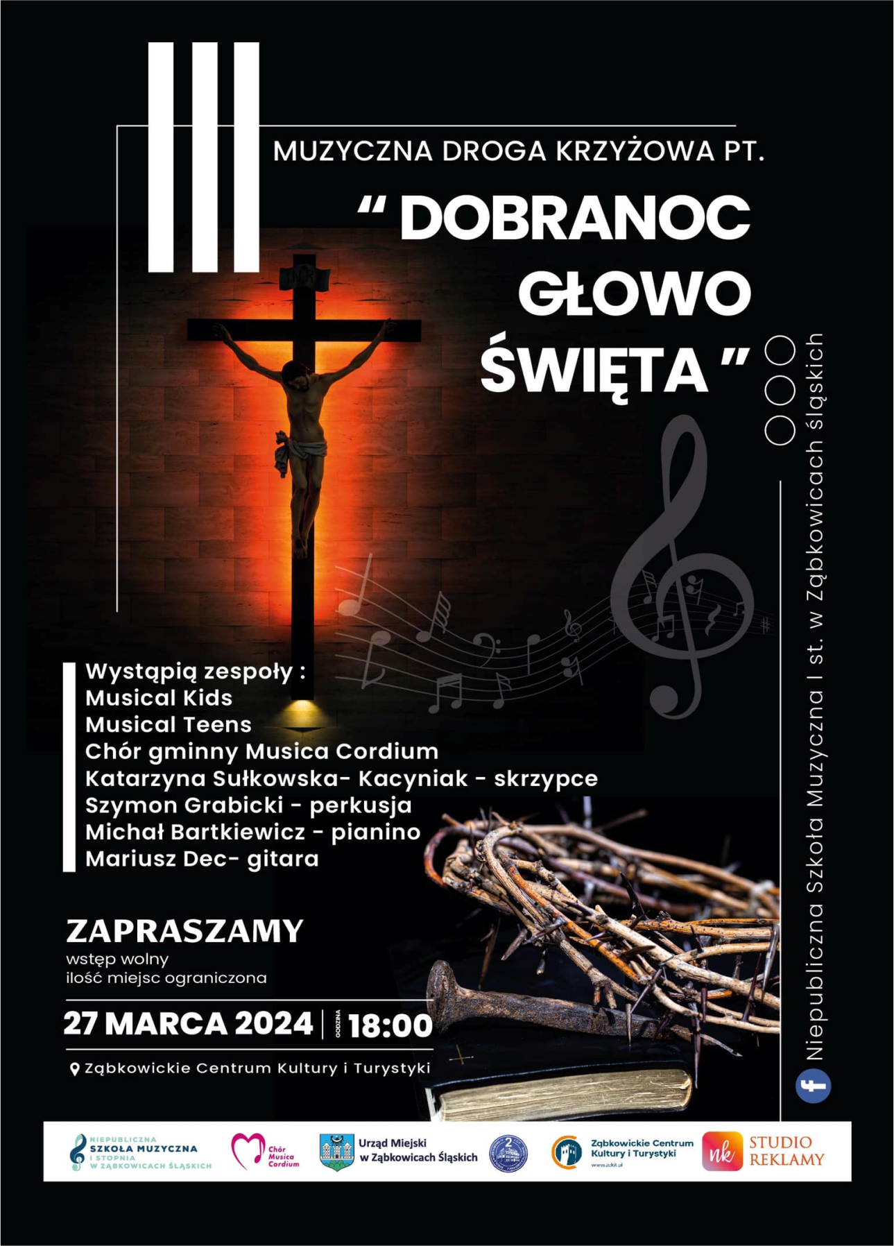 Plakat informacyjny o drodze krzyżowej pt. "Dobranoc Głowo Święta" 27 marca 2024 o godzinie 18:00 w Ząbkowickim Centrum Kultury i Turystyki.