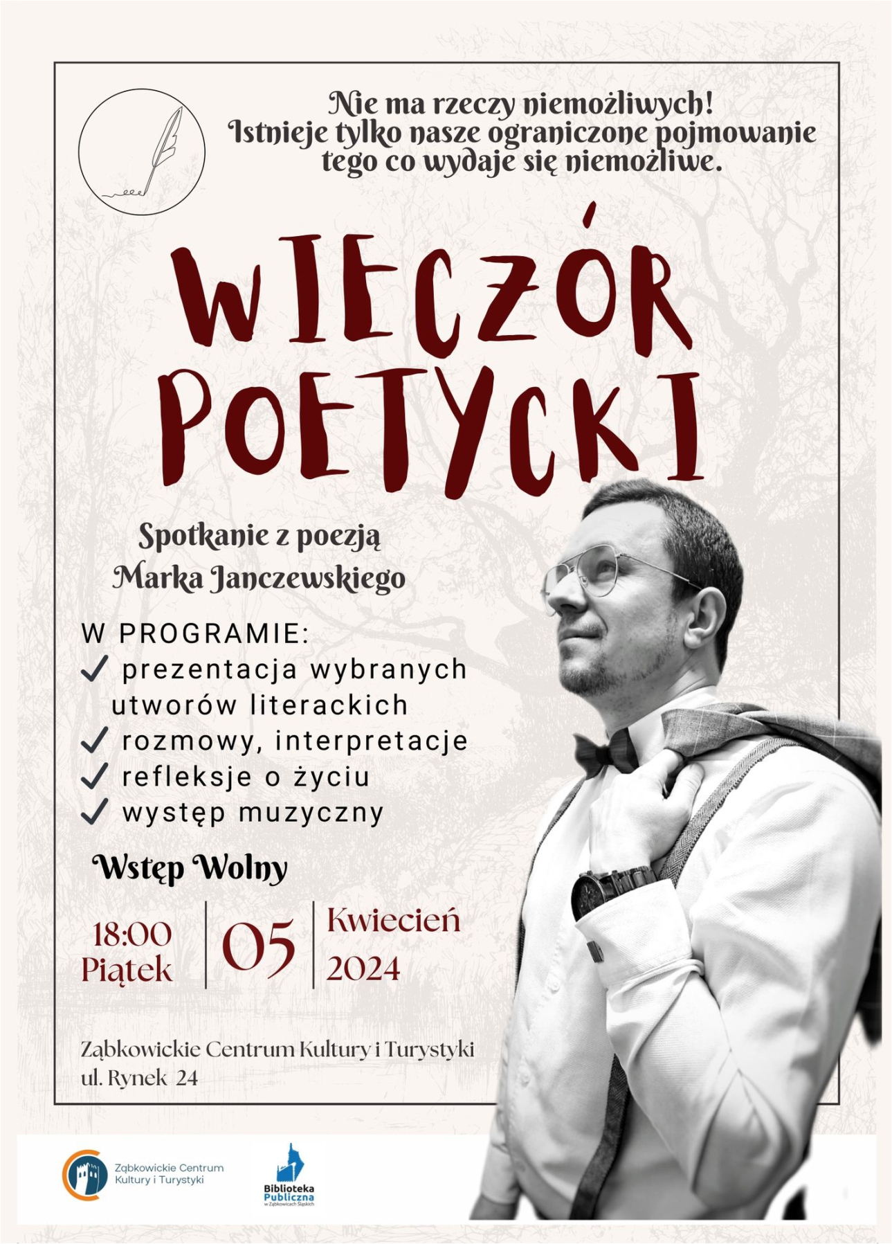 Plakat informacyjny o Wieczorze Poetyckim Marka Janczewskiego 5 kwietnia 2024 o godzinie 18:00 w Ząbkowickim Centrum Kultury i Turystyki.