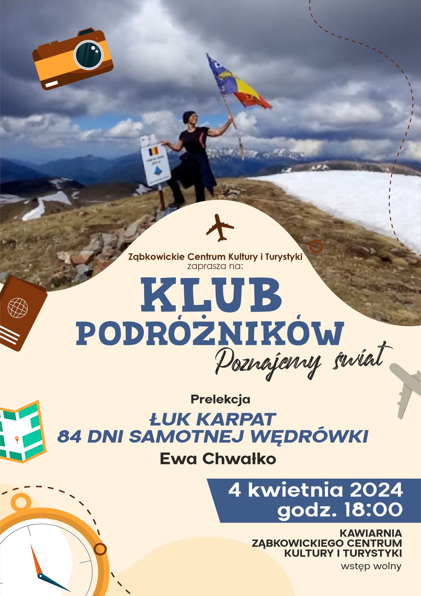 Plakat informujący o prelekcjach Ewy Chałko w Klubie Podróżników 4 kwietnia 2024 o godzinie 18:00 w kawiarni Ząbkowickiego Centrum Kultury i Turystyki.