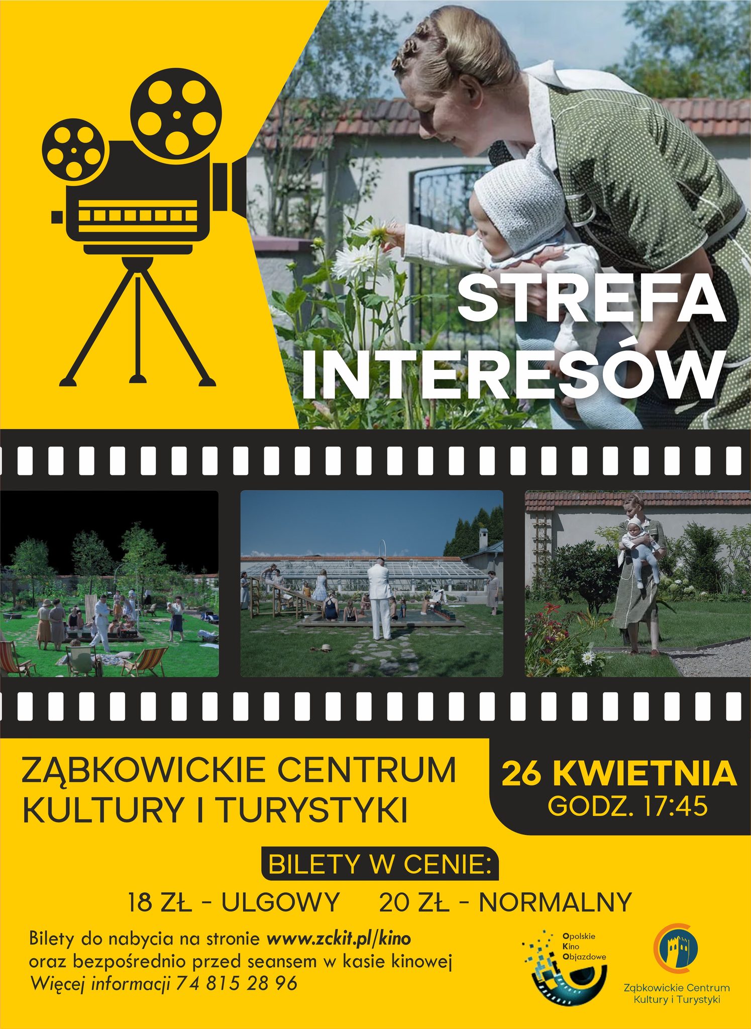 Plakat informujący o premierze filmu "Strefa Interesów" 26 kwietnia o godzinie 17:45 w Ząbkowickim Centrum Kultury i Turystyki.