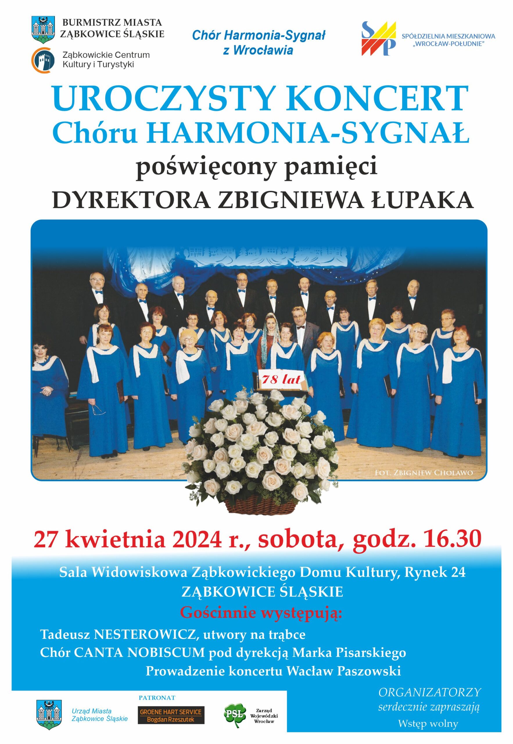 Plakat informujący o Uroczystym Koncercie Chóru Harmonia-Sygnał poświęconym pamięci Dyrektora Zbigniewa Łupaka, który odbył się 27 kwietnia 2024