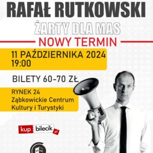 Plakat informujący o występie Rafała Rutkowskiego 11 października 2024 o godzinie 19:00 w Ząbkowickim Centrum Kultury i Turystyki.